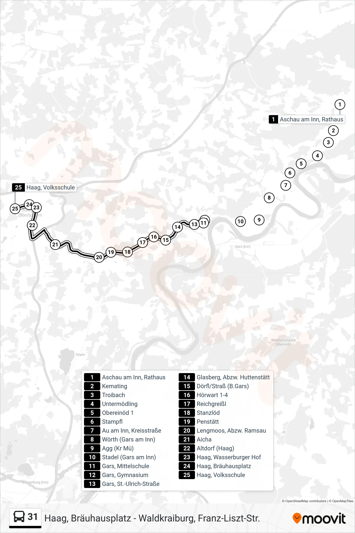 31 bus Line (Haag) route and stops on a map