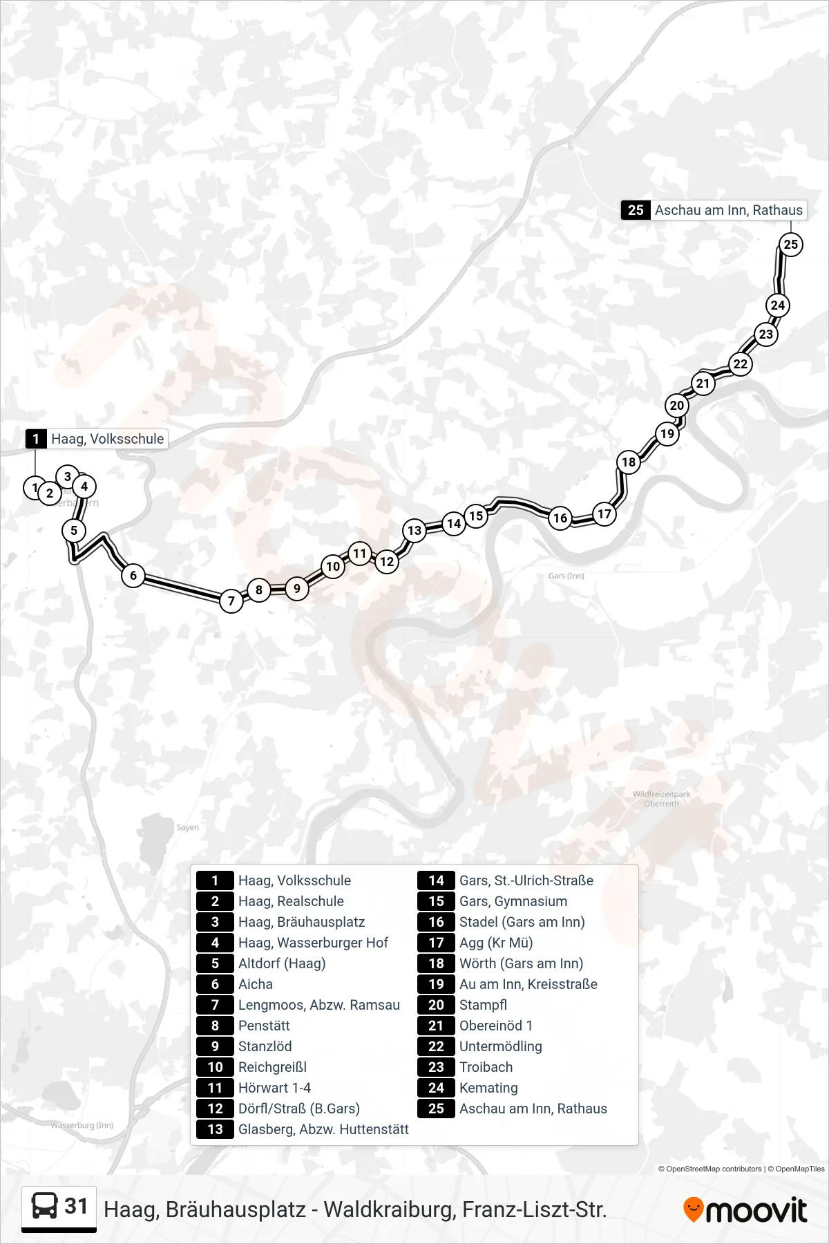 31 bus Line (Aschau) route and stops on a map