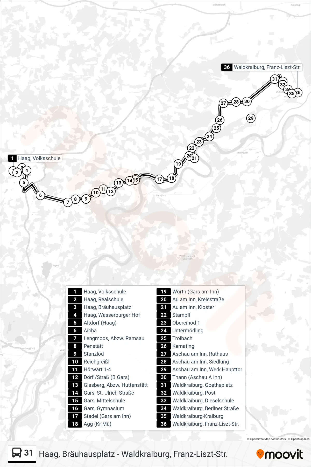 31 bus Line (Waldkraiburg) route and stops on a map