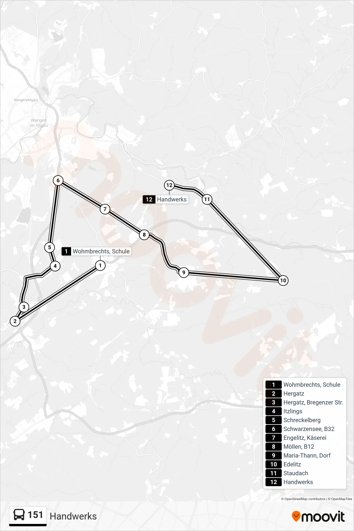 151 bus Line (Handwerks) route and stops on a map