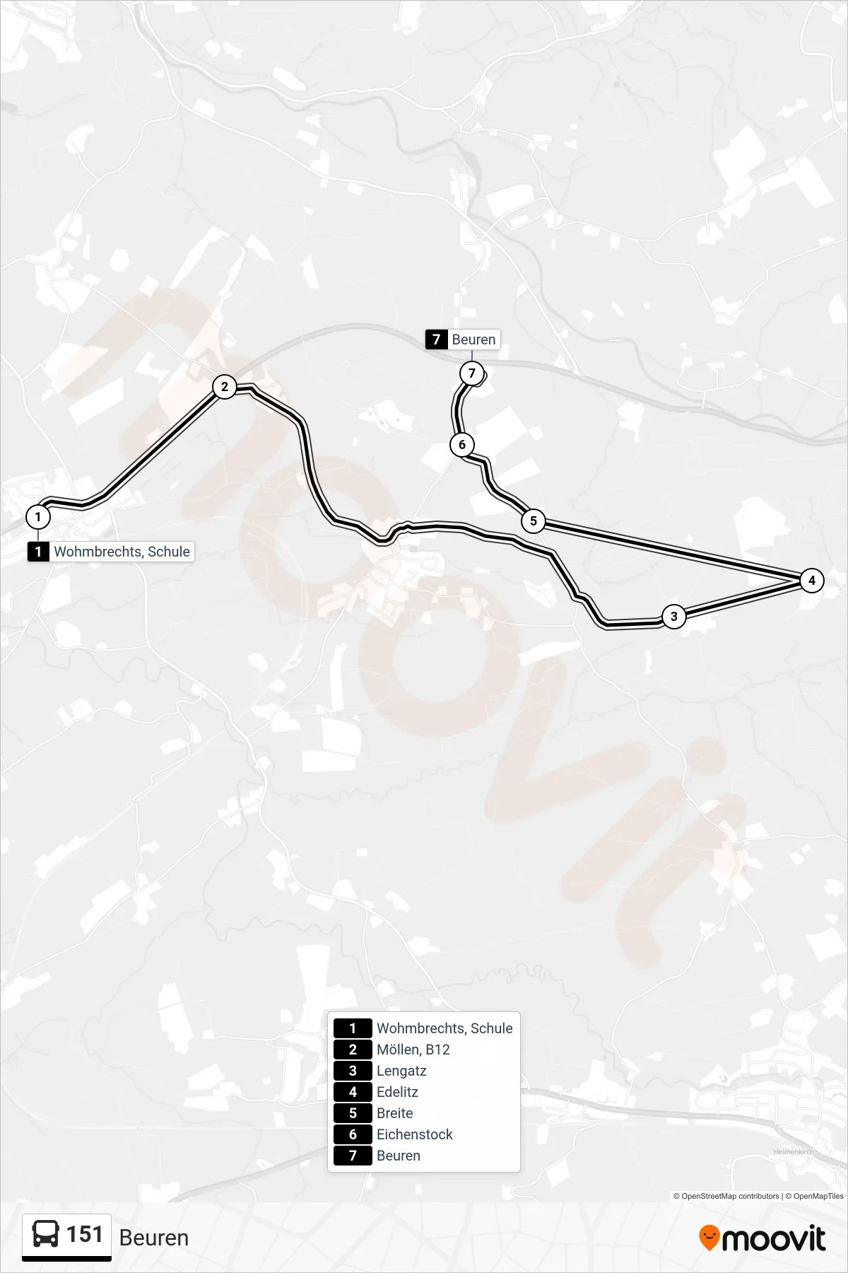 Linie 151 (Bus) Richtung Beuren: Route und Haltestellen auf der Karte