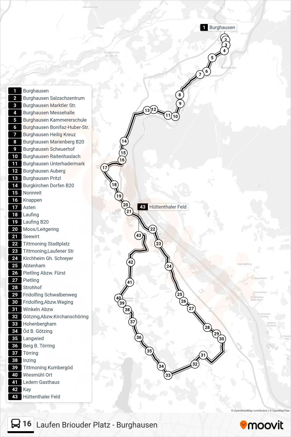16 bus Line (Hüttenthaler Feld) route and stops on a map