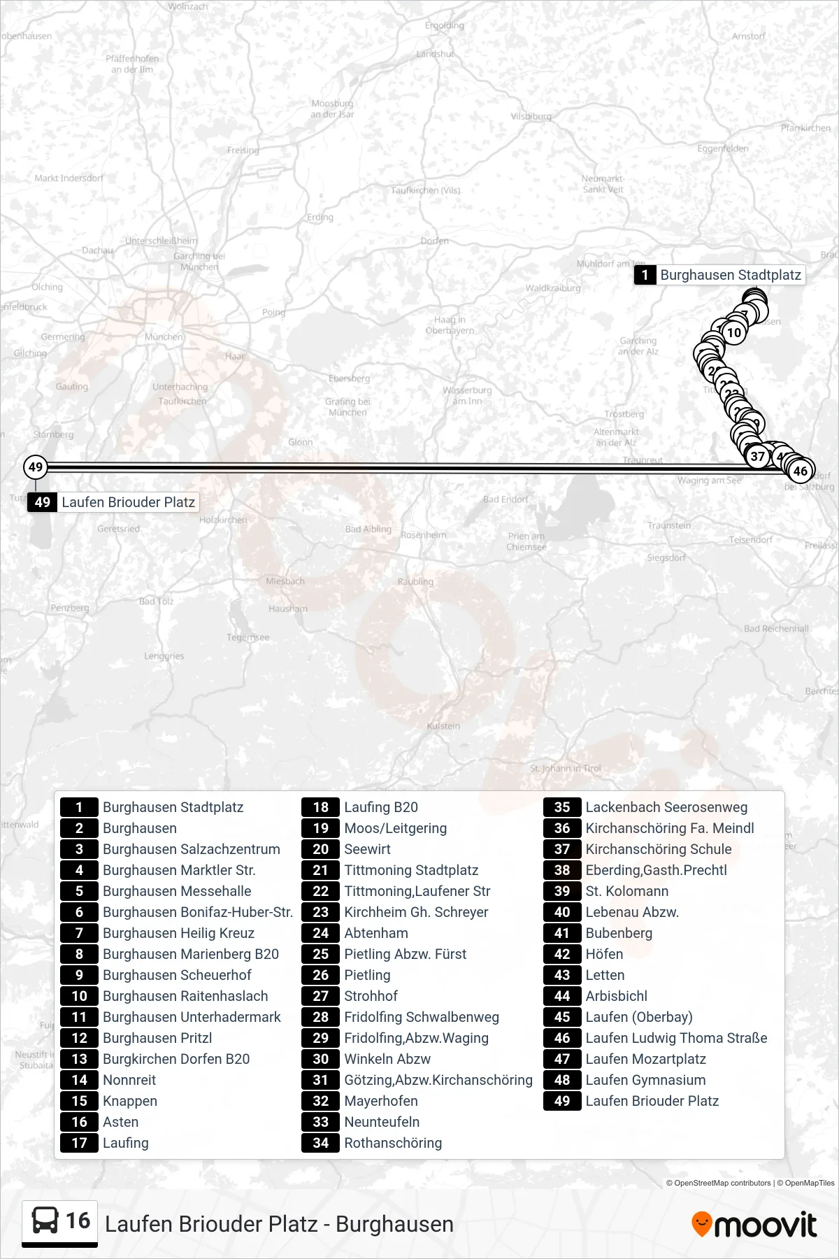 16 bus Line (Laufen Briouder Platz) route and stops on a map