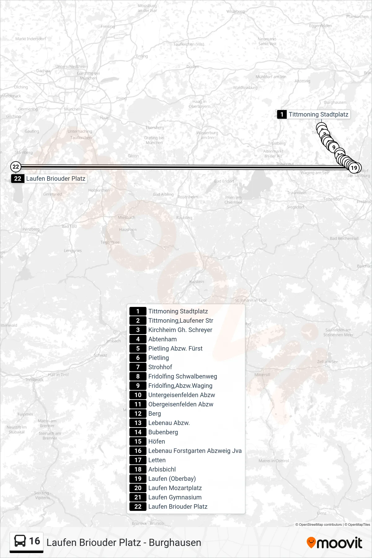 16 bus Line (Laufen\Nfreilassing) route and stops on a map