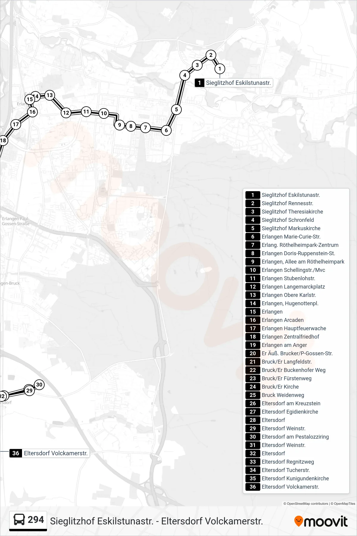 294 bus Line (Eltersdorf Volckamerstraße) route and stops on a map
