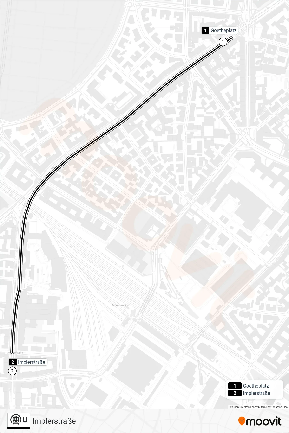 Linie U (U-Bahn) Richtung Implerstraße: Route und Haltestellen auf der Karte