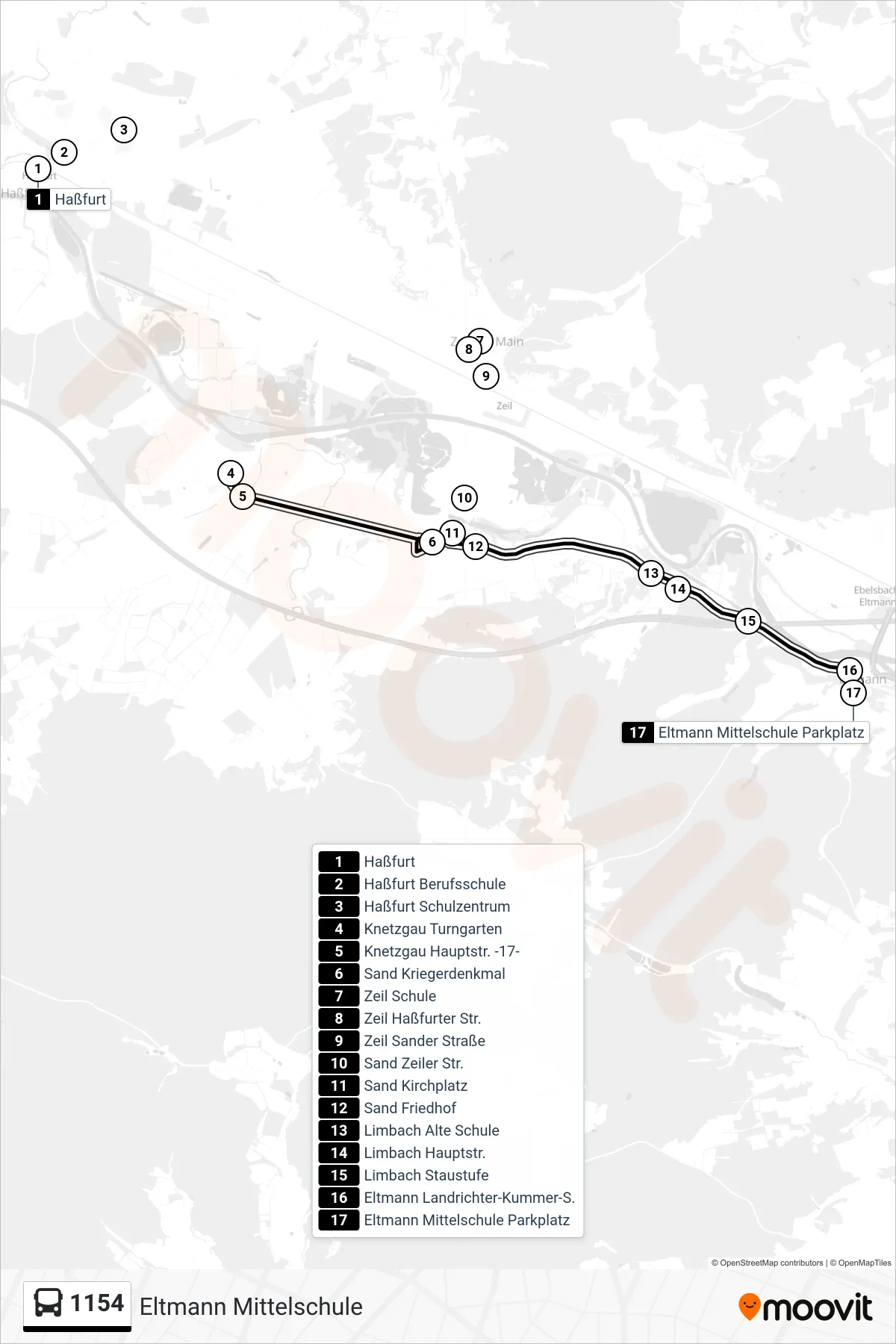1154 bus Line (Eltmann Mittelschule) route and stops on a map