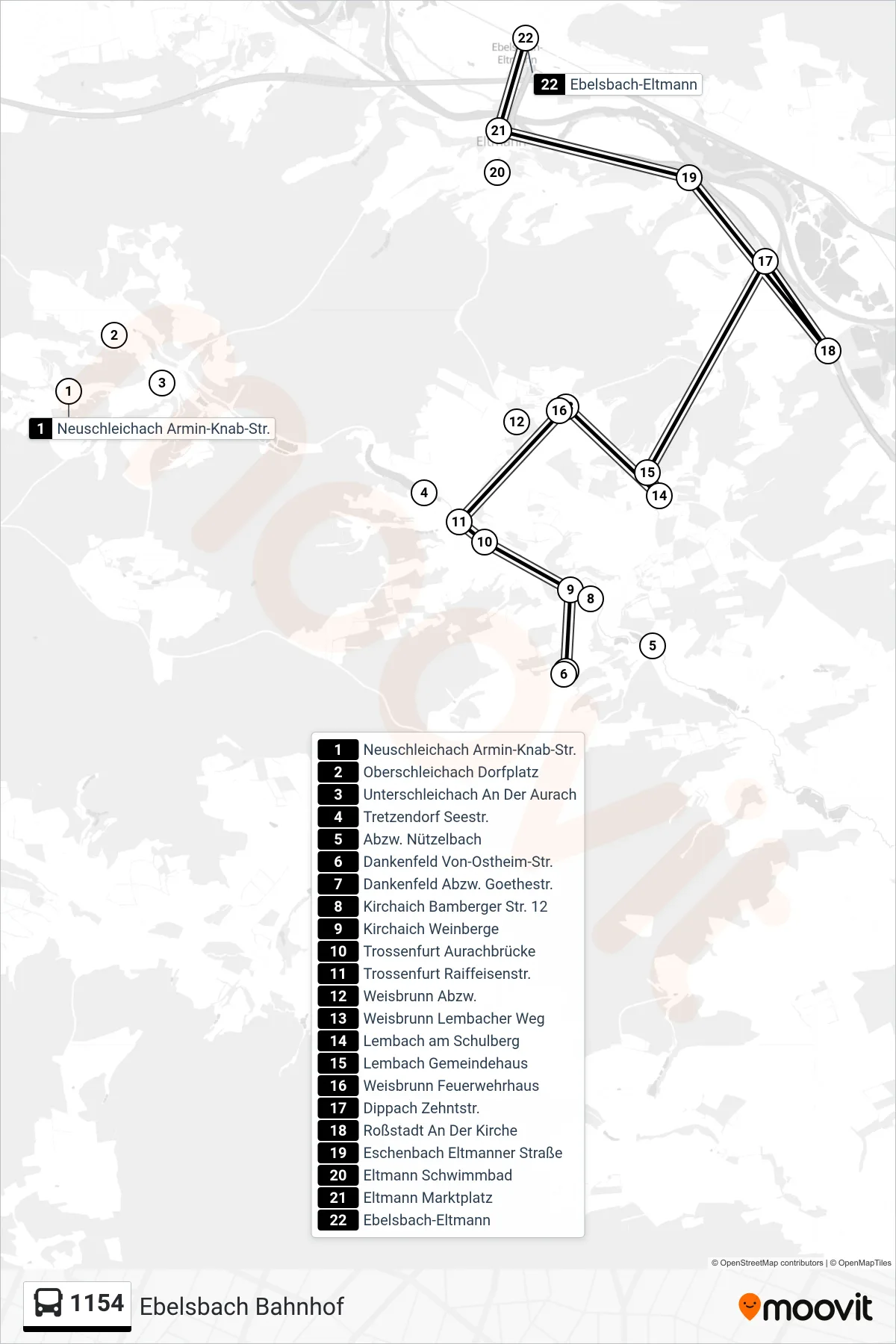Linie 1154 (Bus) Richtung Ebelsbach Bahnhof: Route und Haltestellen auf der Karte