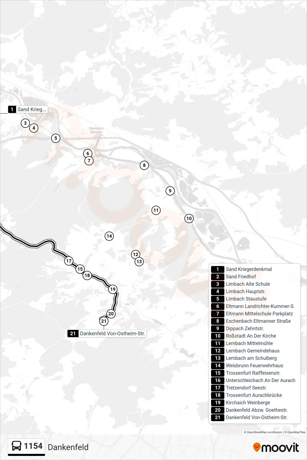 1154 bus Line (Dankenfeld) route and stops on a map