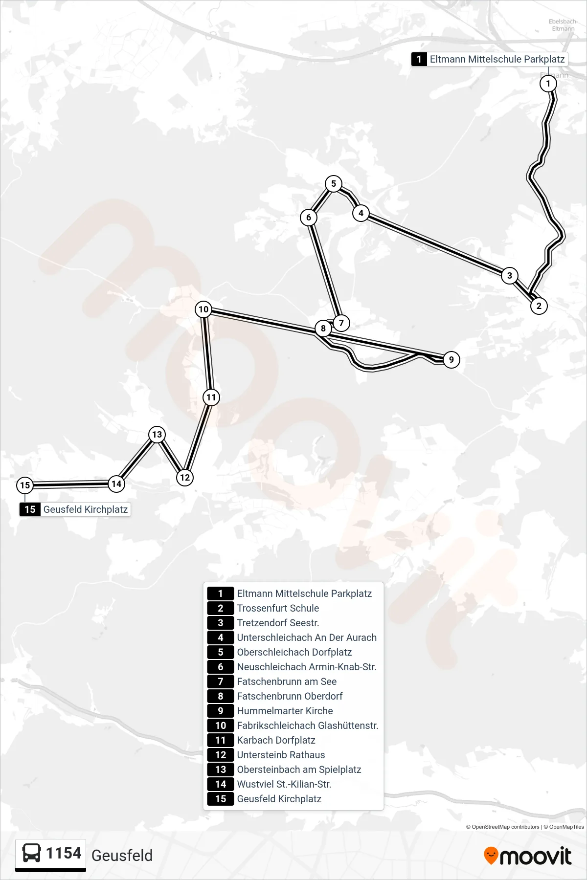 1154 bus Line (Geusfeld) route and stops on a map