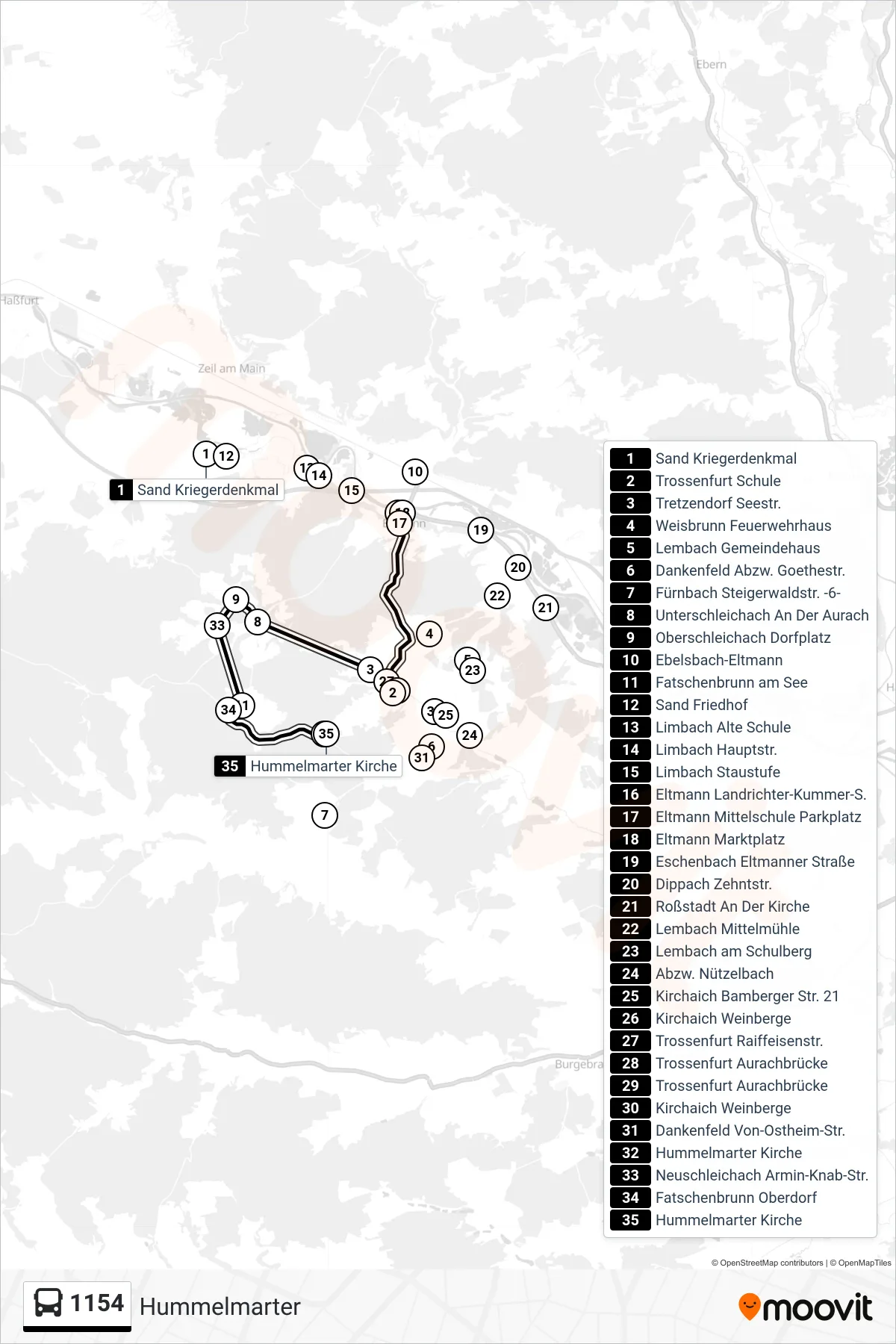 1154 bus Line (Hummelmarter) route and stops on a map