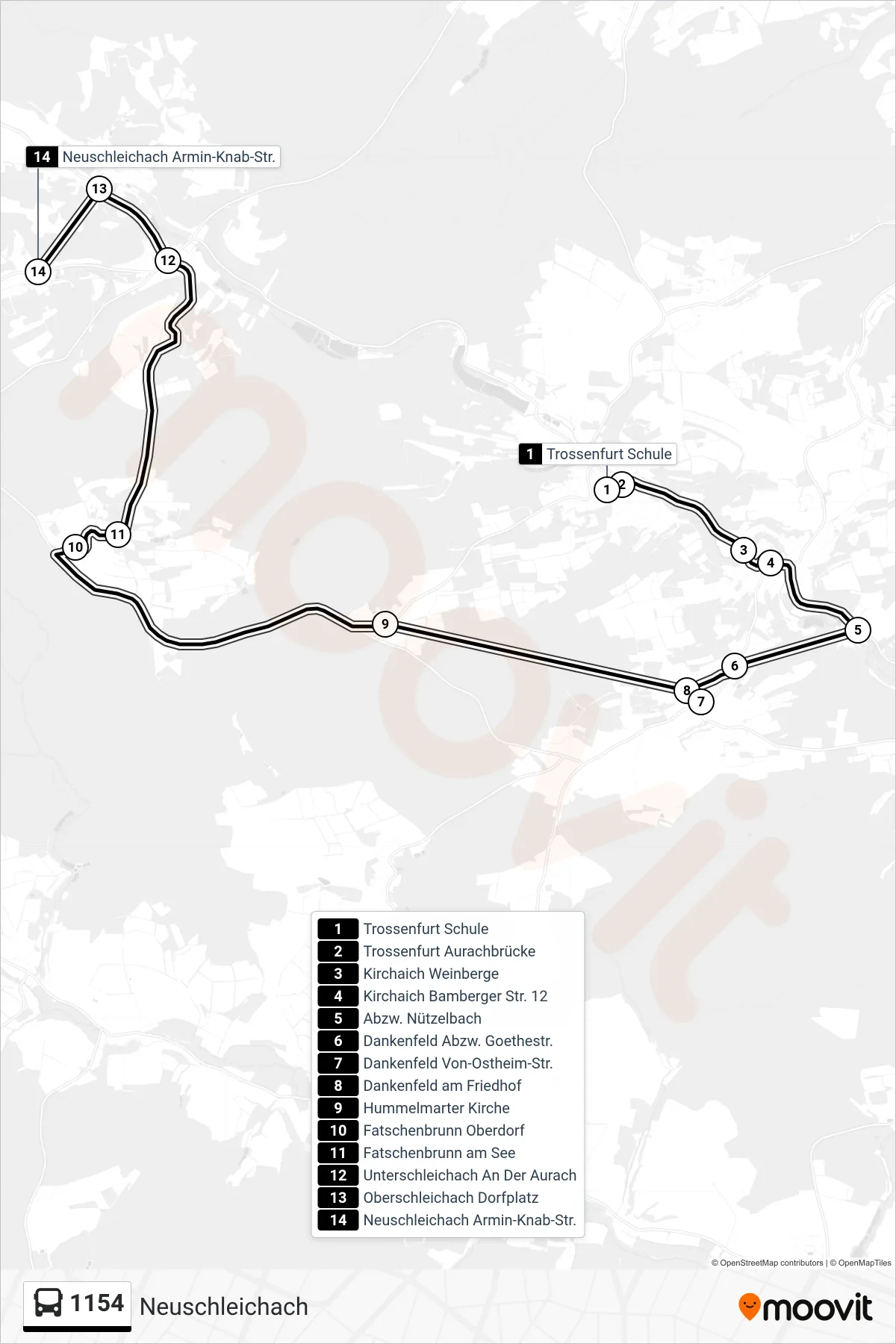 1154 bus Line (Neuschleichach) route and stops on a map