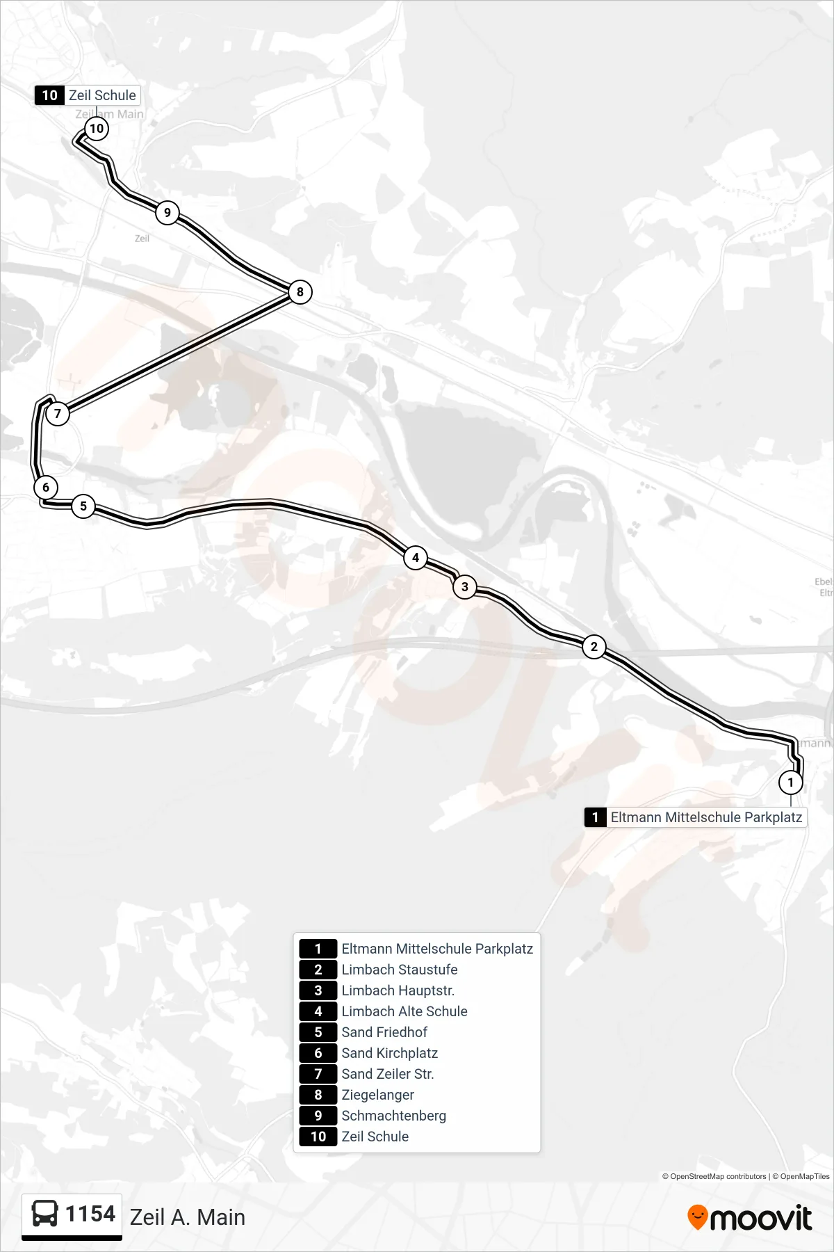 1154 bus Line (Zeil A. Main) route and stops on a map
