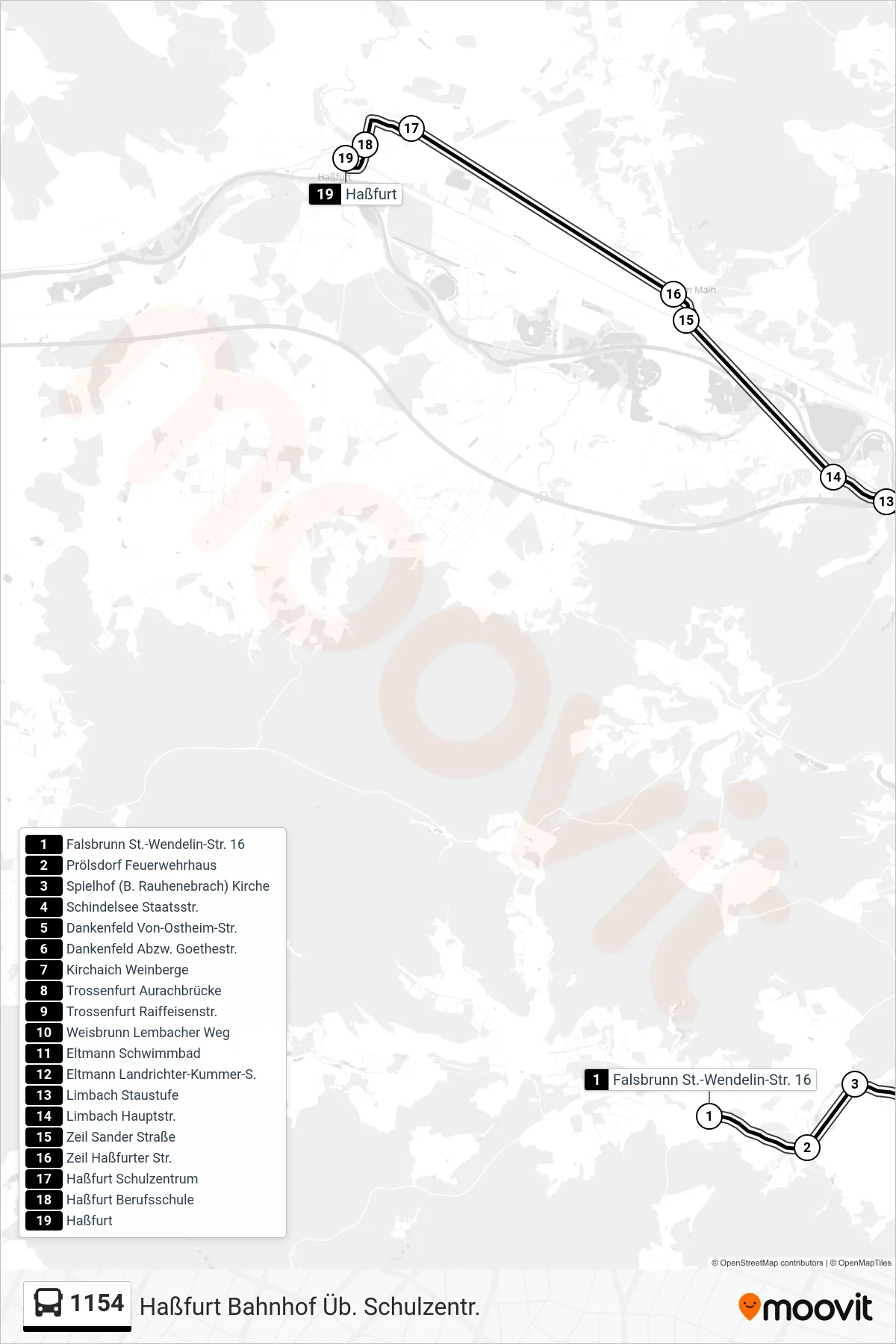 1154 bus Line (Haßfurt Bahnhof Üb. Schulzentr.) route and stops on a map