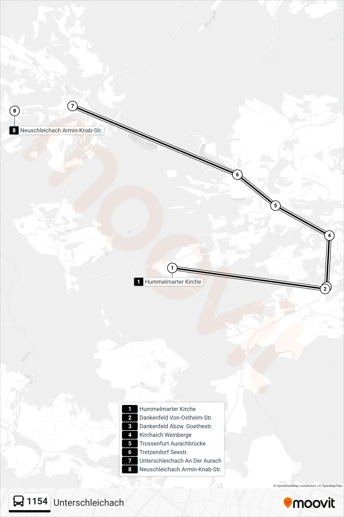 1154 bus Line (Unterschleichach) route and stops on a map
