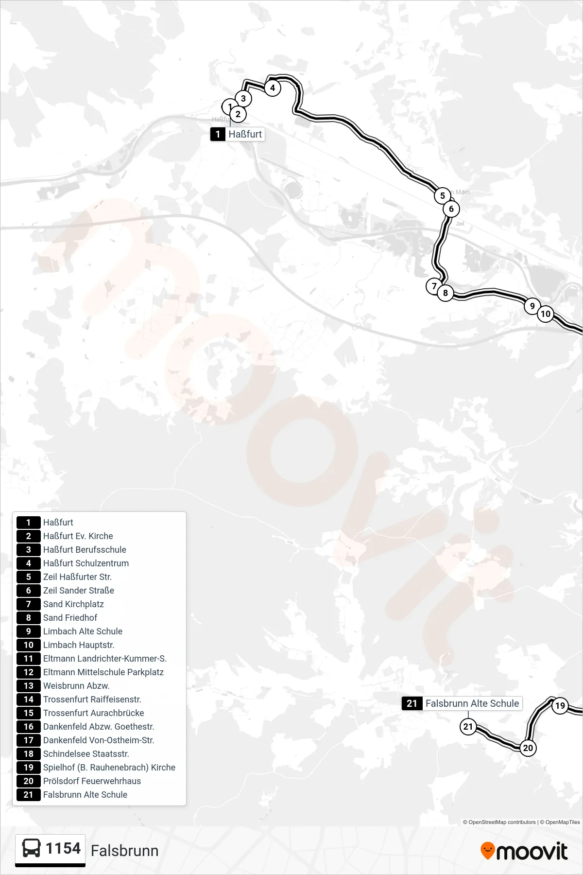 1154 bus Line (Falsbrunn) route and stops on a map
