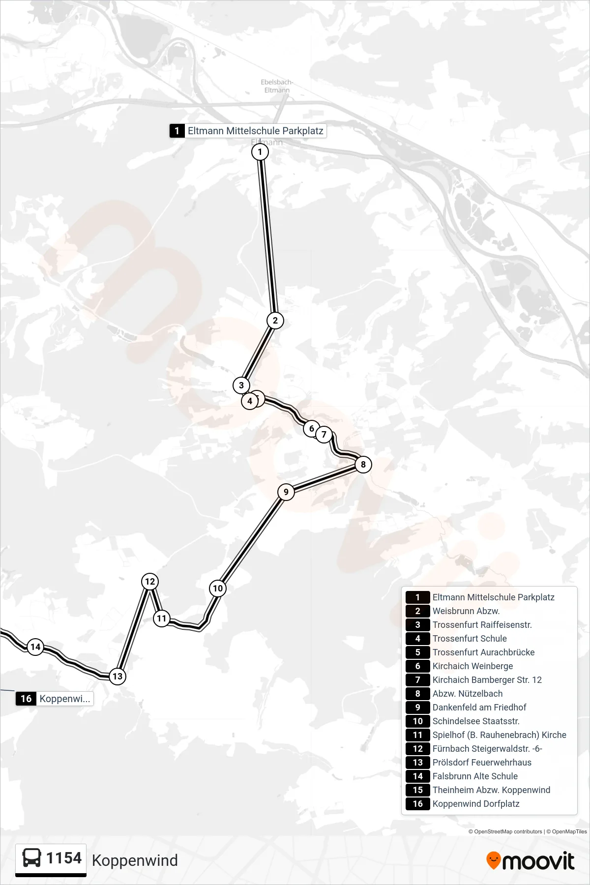 Linie 1154 (Bus) Richtung Koppenwind: Route und Haltestellen auf der Karte