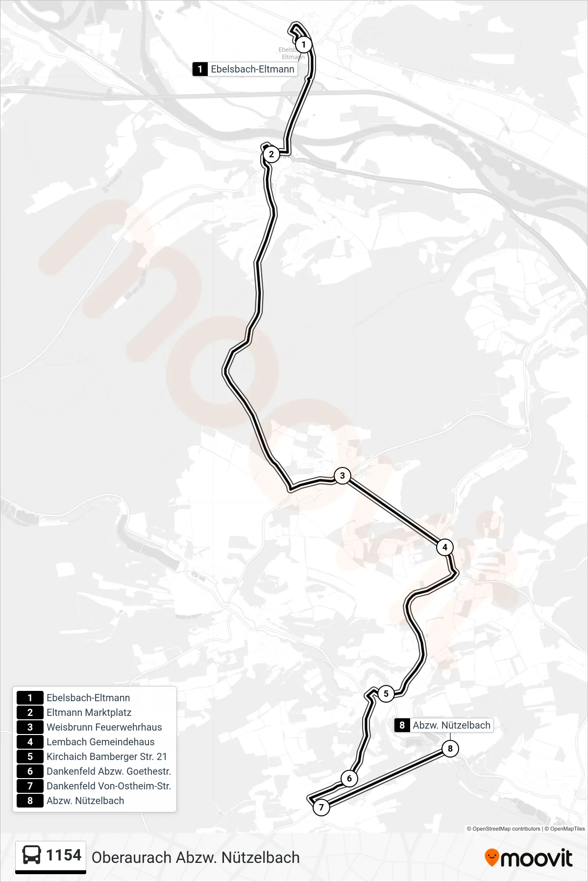 1154 bus Line (Oberaurach Abzw. Nützelbach) route and stops on a map