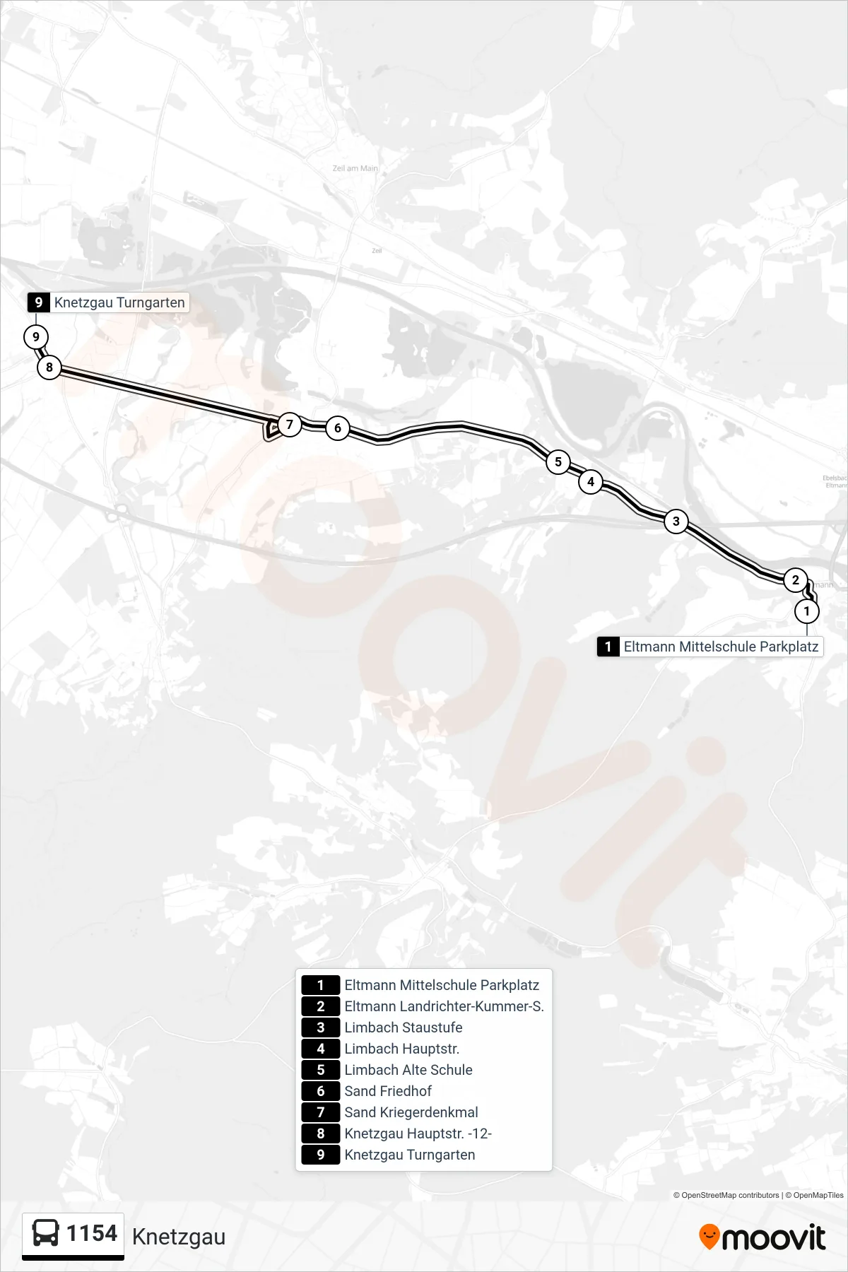 Linie 1154 (Bus) Richtung Knetzgau: Route und Haltestellen auf der Karte