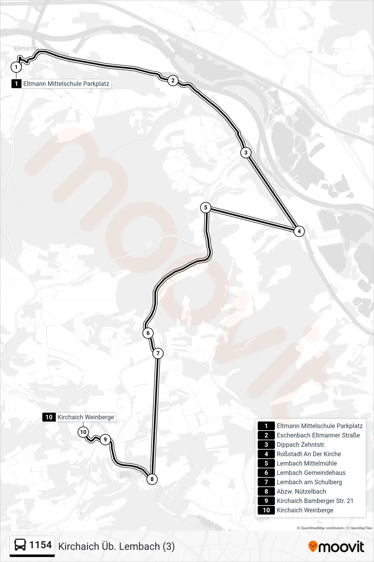 1154 bus Line (Kirchaich Üb. Lembach (3)) route and stops on a map