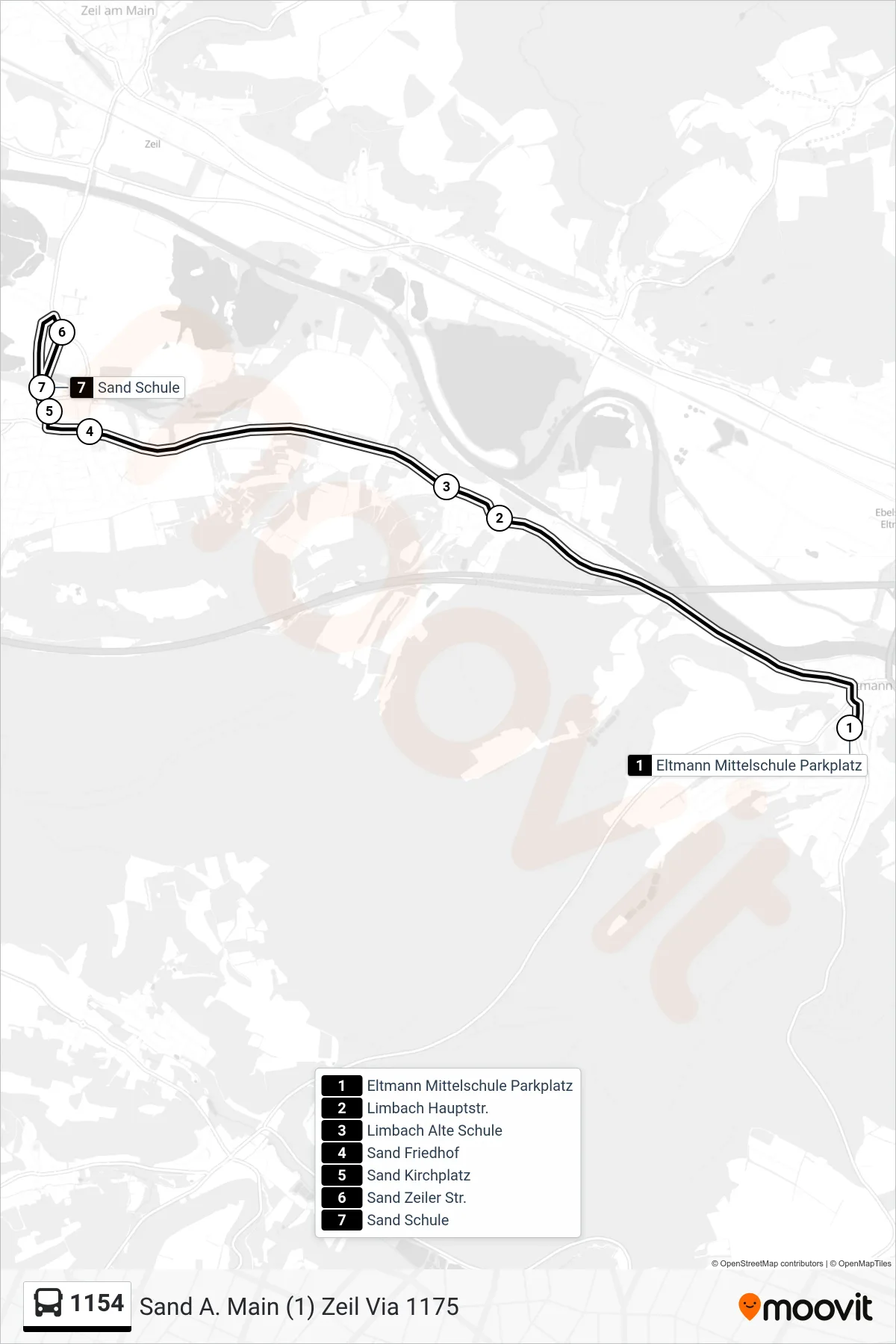 1154 bus Line (Sand A. Main (1) Zeil Via 1175) route and stops on a map