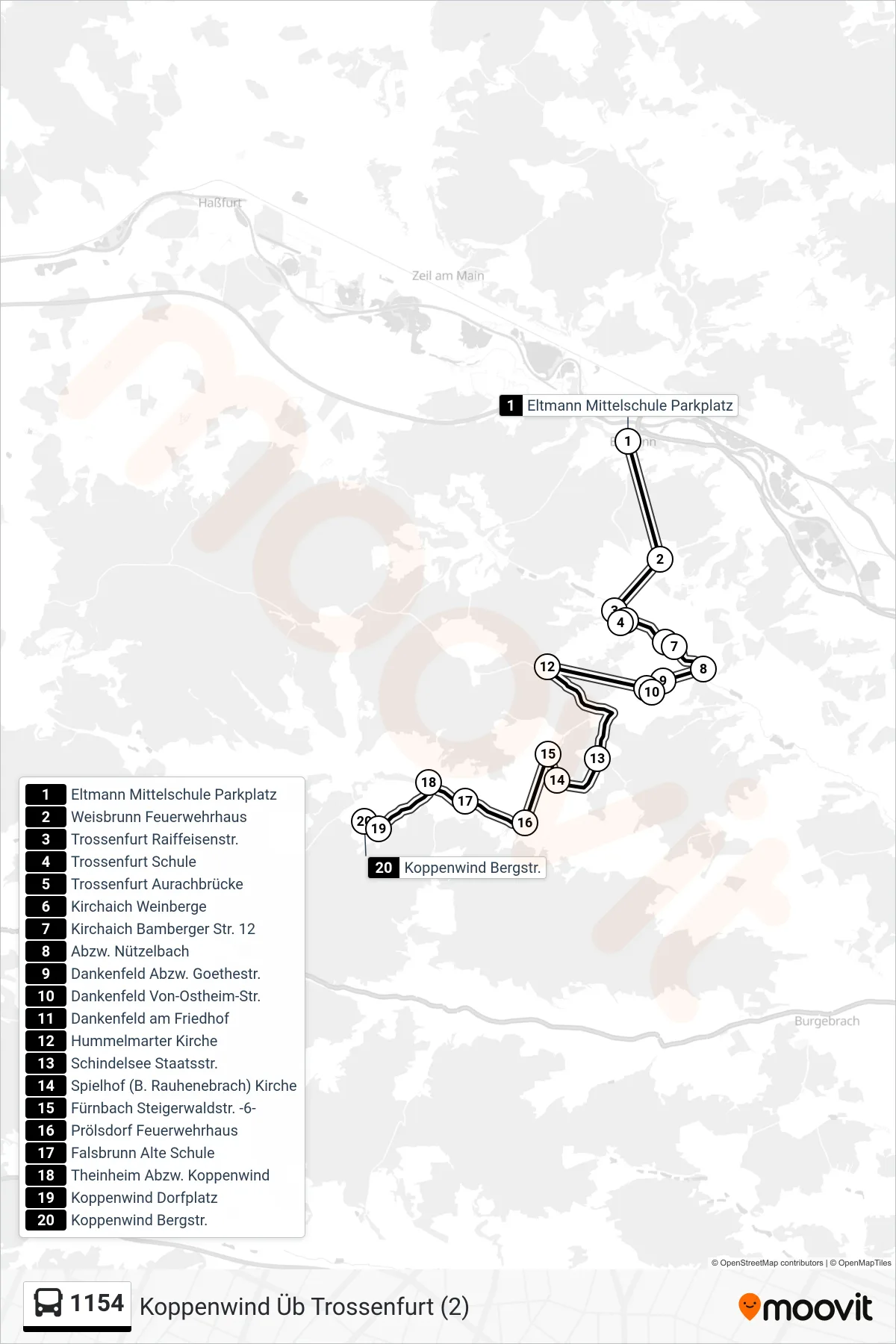 1154 bus Line (Koppenwind Üb Trossenfurt (2)) route and stops on a map