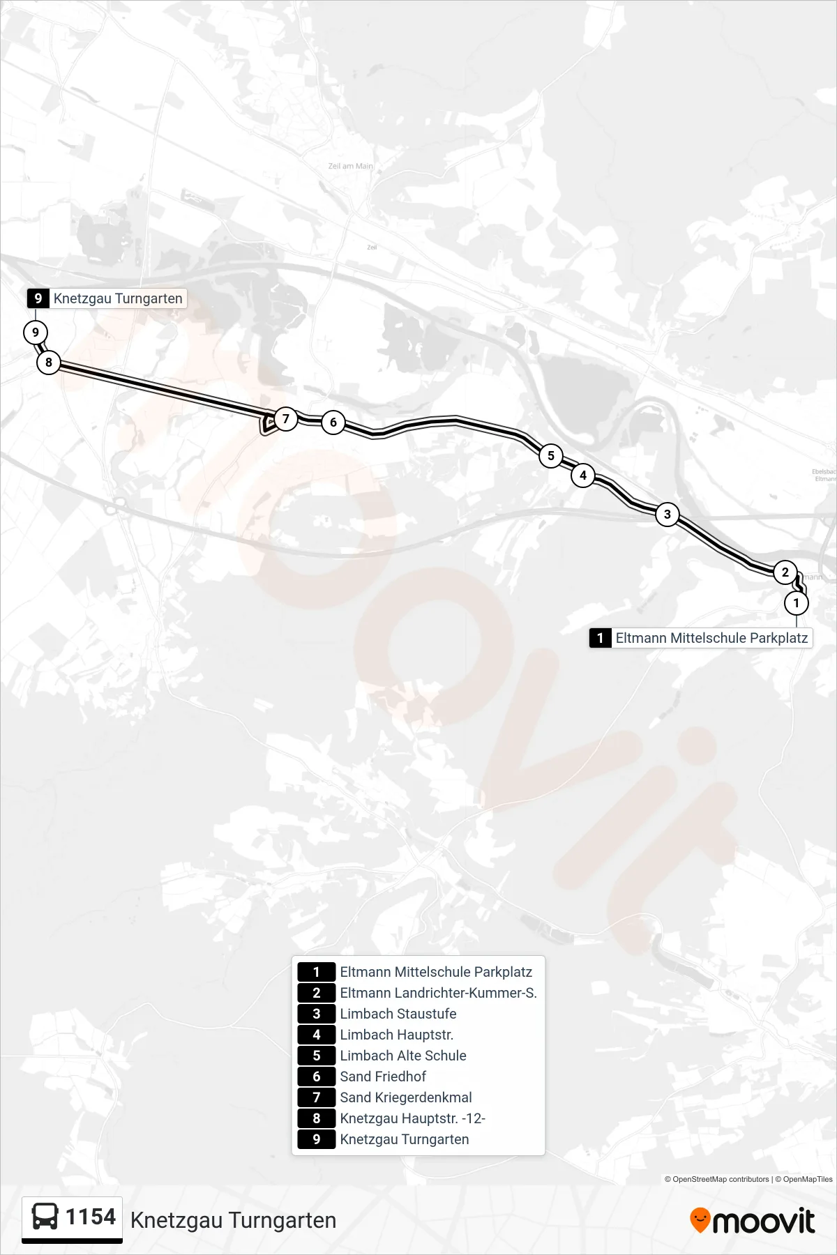 1154 bus Line (Knetzgau Turngarten) route and stops on a map