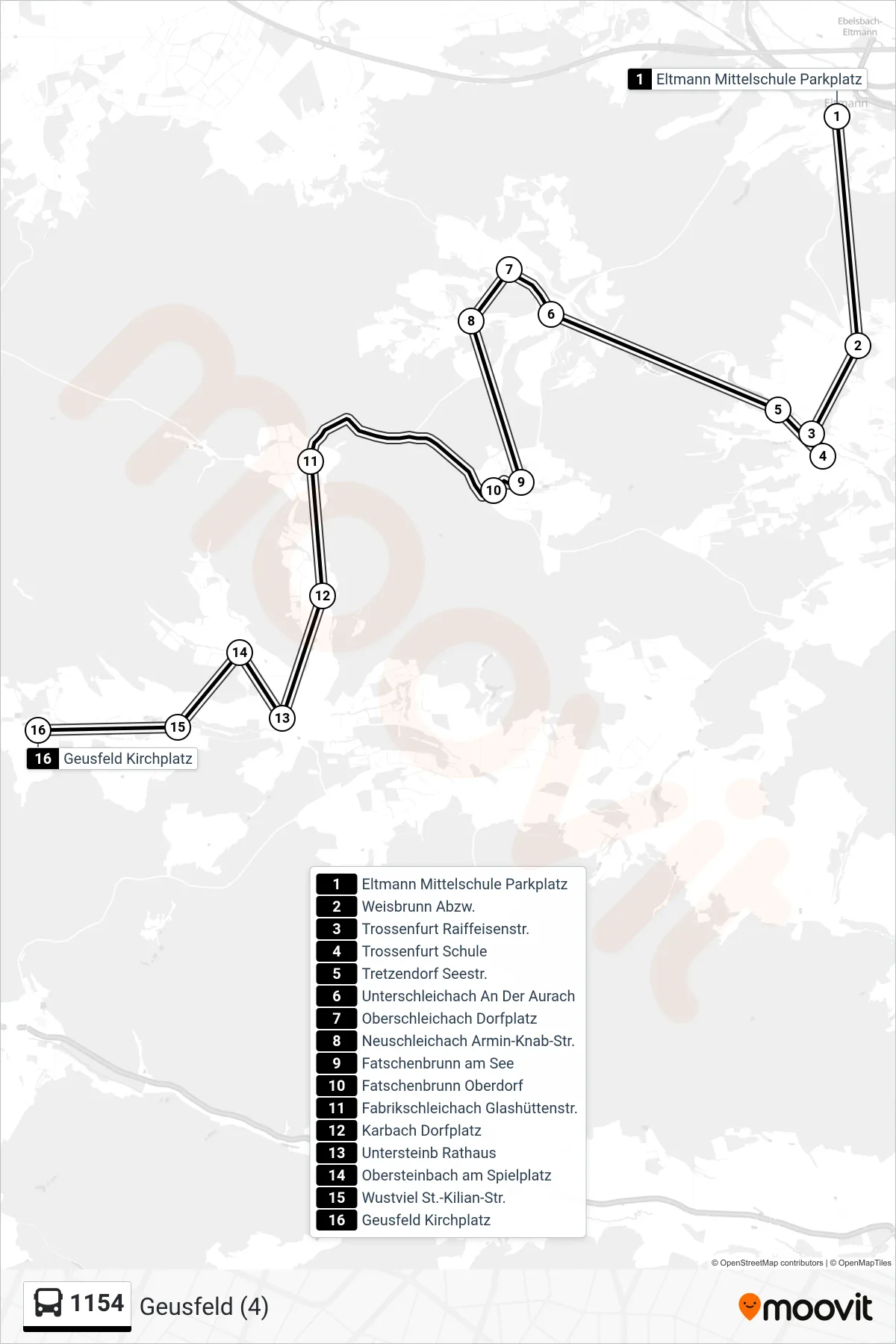 1154 bus Line (Geusfeld (4)) route and stops on a map