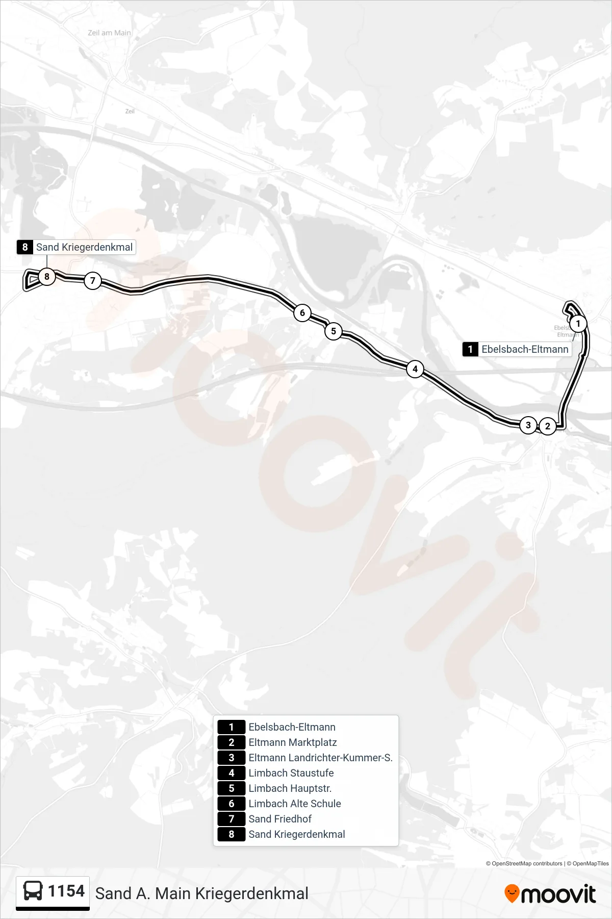 1154 bus Line (Sand A. Main Kriegerdenkmal) route and stops on a map