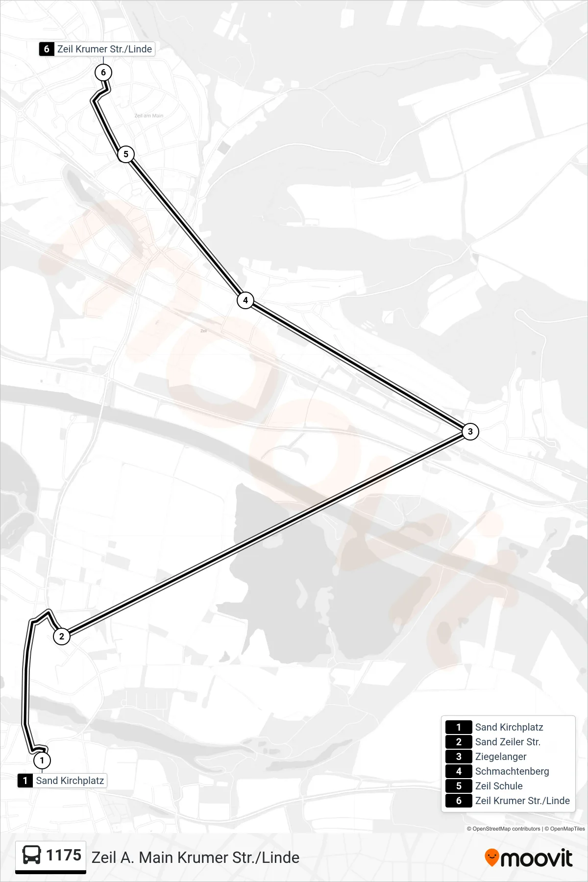 1175 bus Line (Zeil A. Main Krumer Str./Linde) route and stops on a map