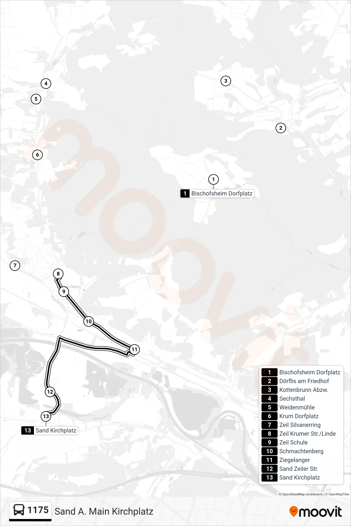 1175 bus Line (Sand A. Main Kirchplatz) route and stops on a map