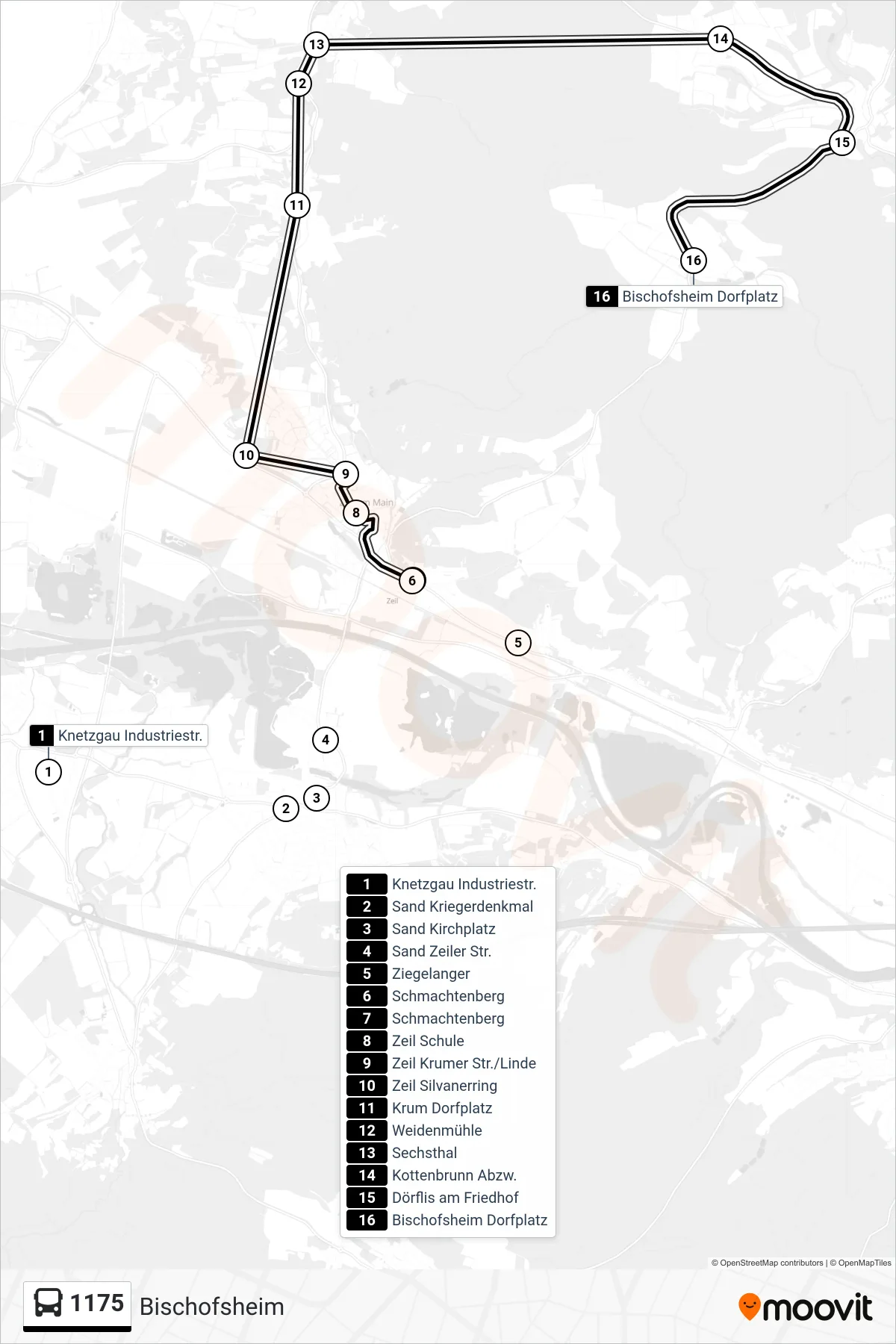 1175 bus Line (Bischofsheim) route and stops on a map