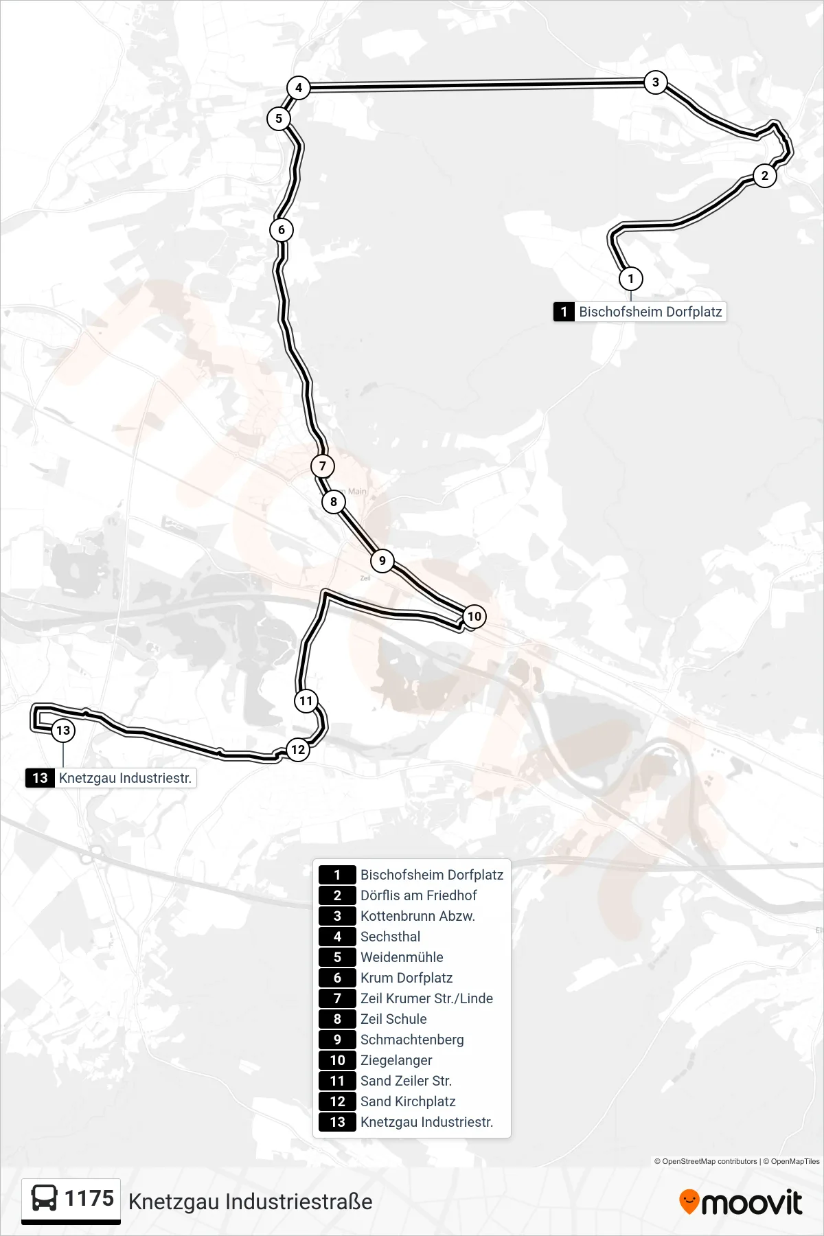 Linie 1175 (Bus) Richtung Knetzgau Industriestraße: Route und Haltestellen auf der Karte