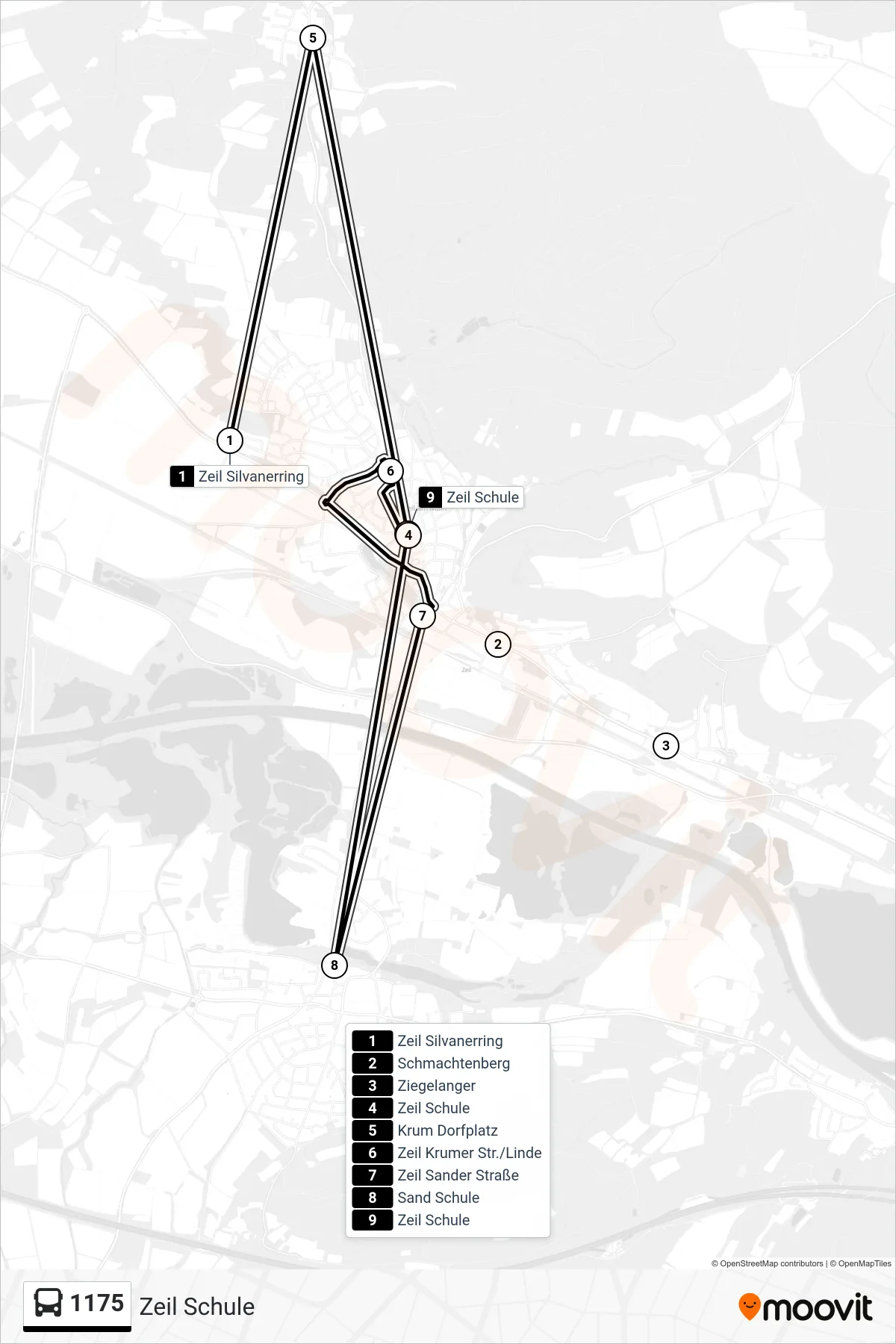 1175 bus Line (Zeil Schule) route and stops on a map