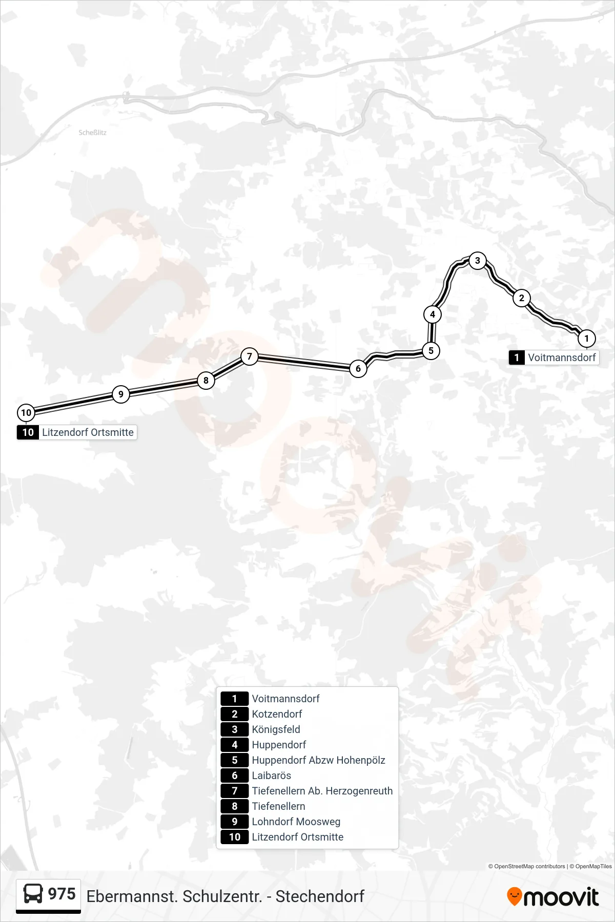975 bus Line (Litzendorf) route and stops on a map