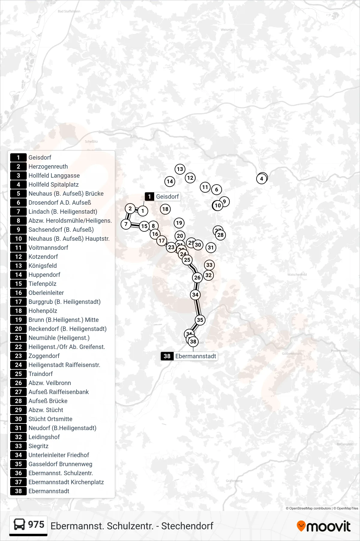 Linie 975 (Bus) Richtung Ebermannstadt: Route und Haltestellen auf der Karte