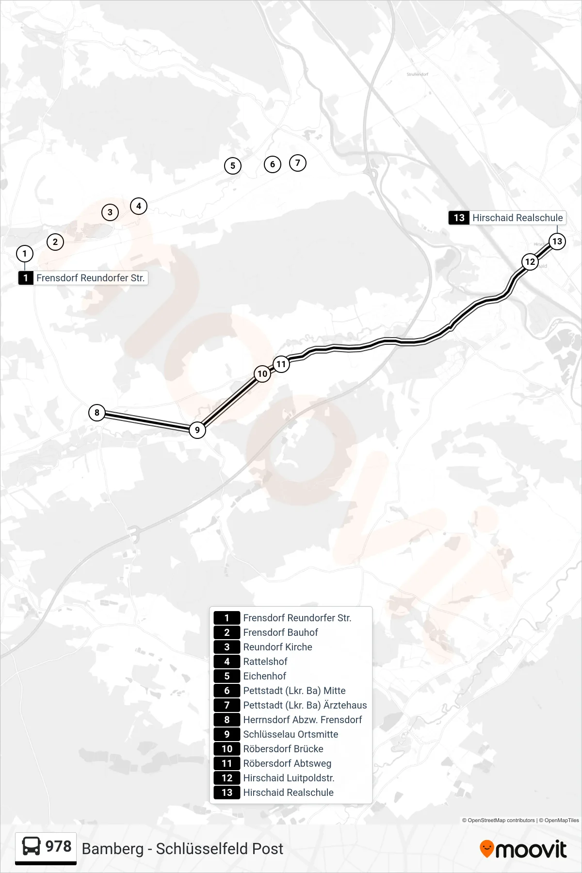 978 bus Line (Hirschaid Realschule 156) route and stops on a map