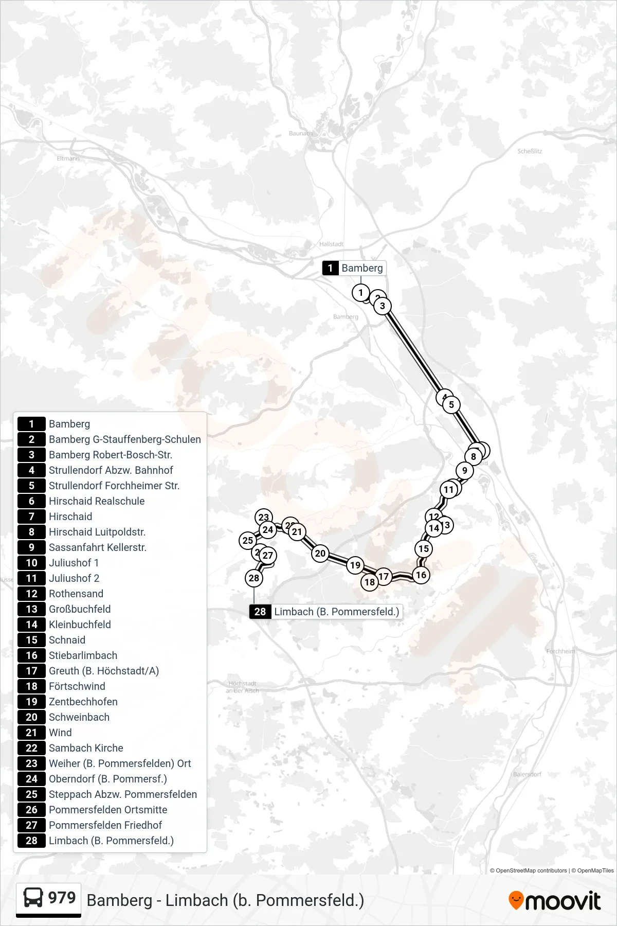 Linie 979 (Bus) Richtung Limbach Bei Pommersfelden: Route und Haltestellen auf der Karte