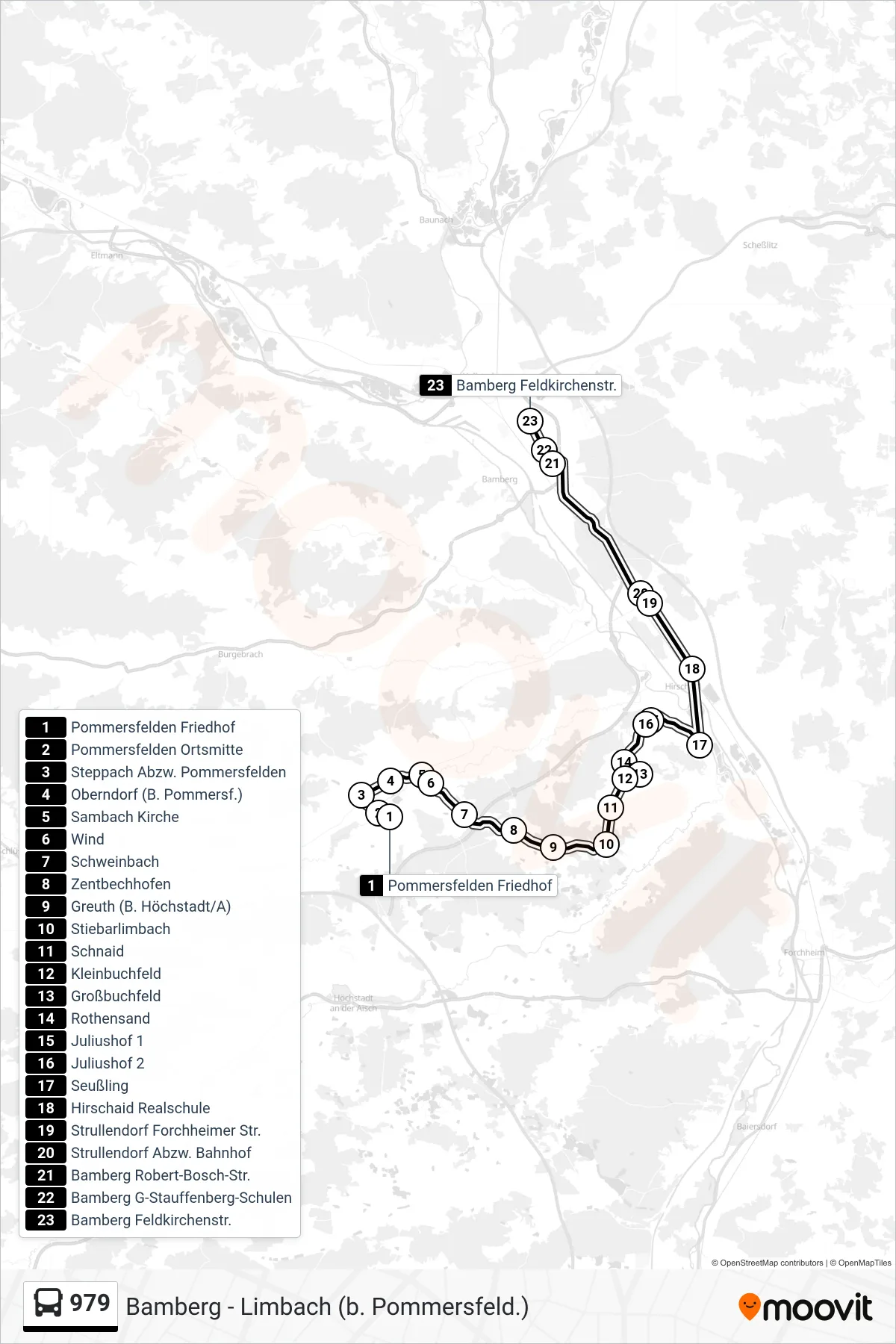 979 bus Line (Bamberg Feldkirchenstr.) route and stops on a map