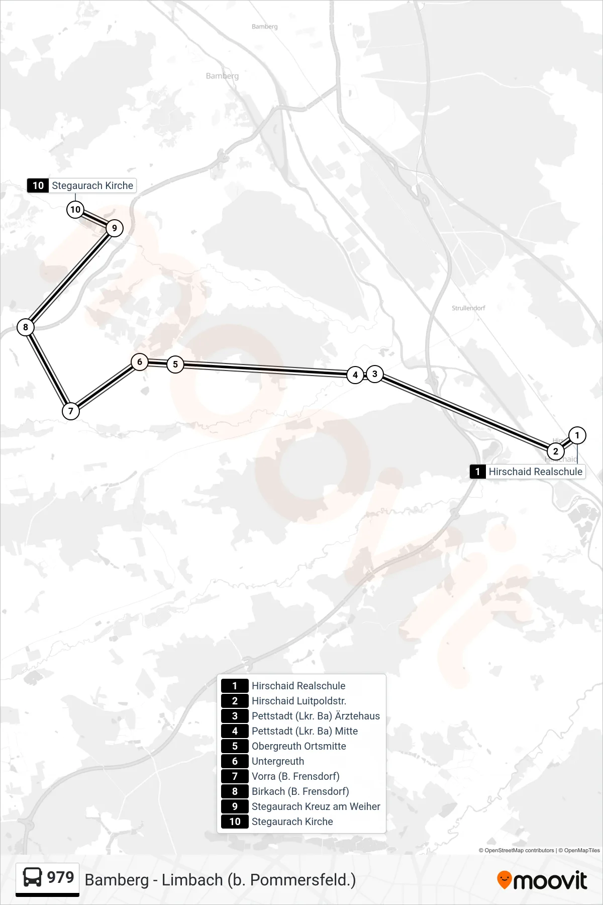 Linie 979 (Bus) Richtung Stegaurach Kirche 161: Route und Haltestellen auf der Karte