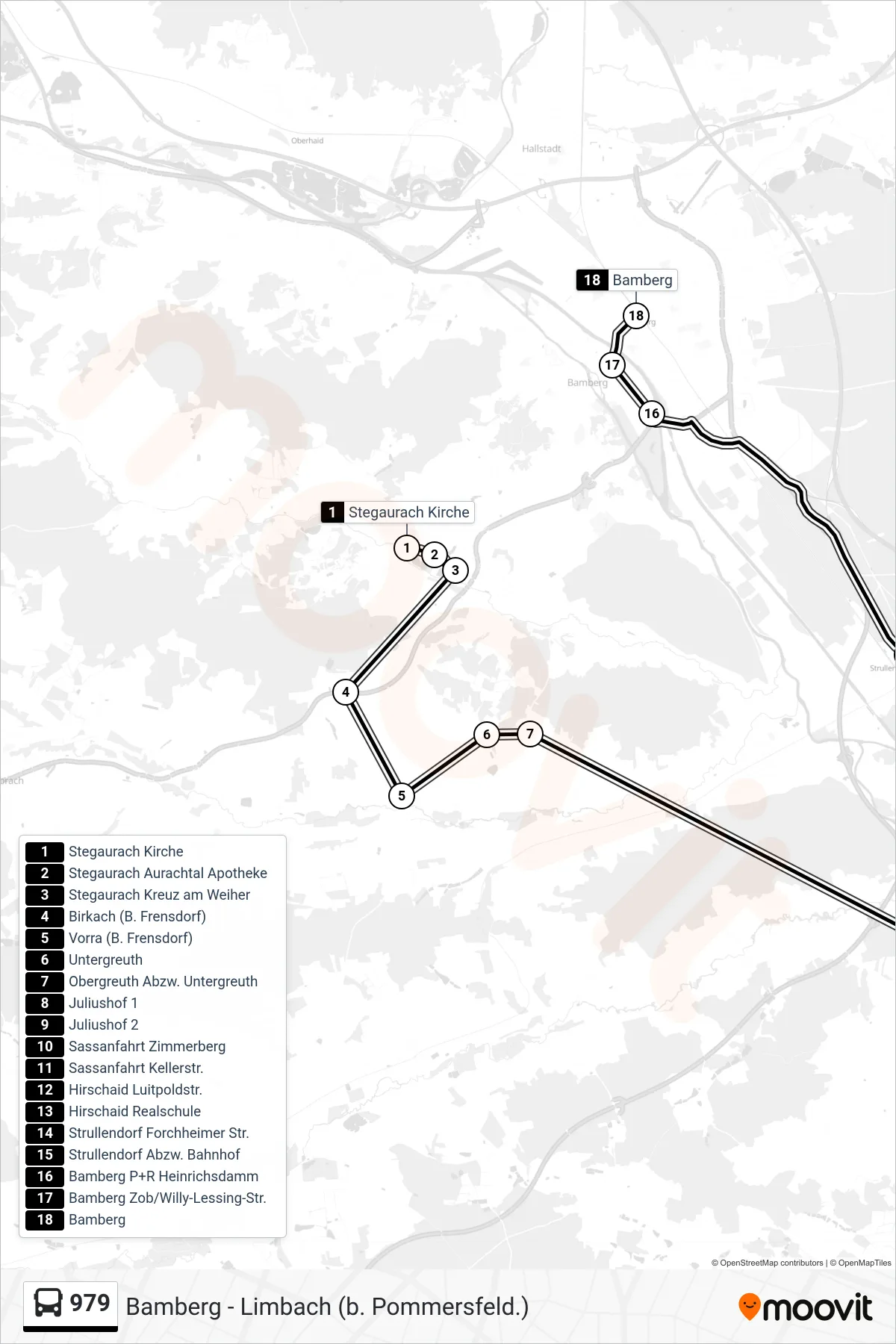 979 bus Line (Bamberg Bahnhof Über P+R Heinrichsdamm) route and stops on a map