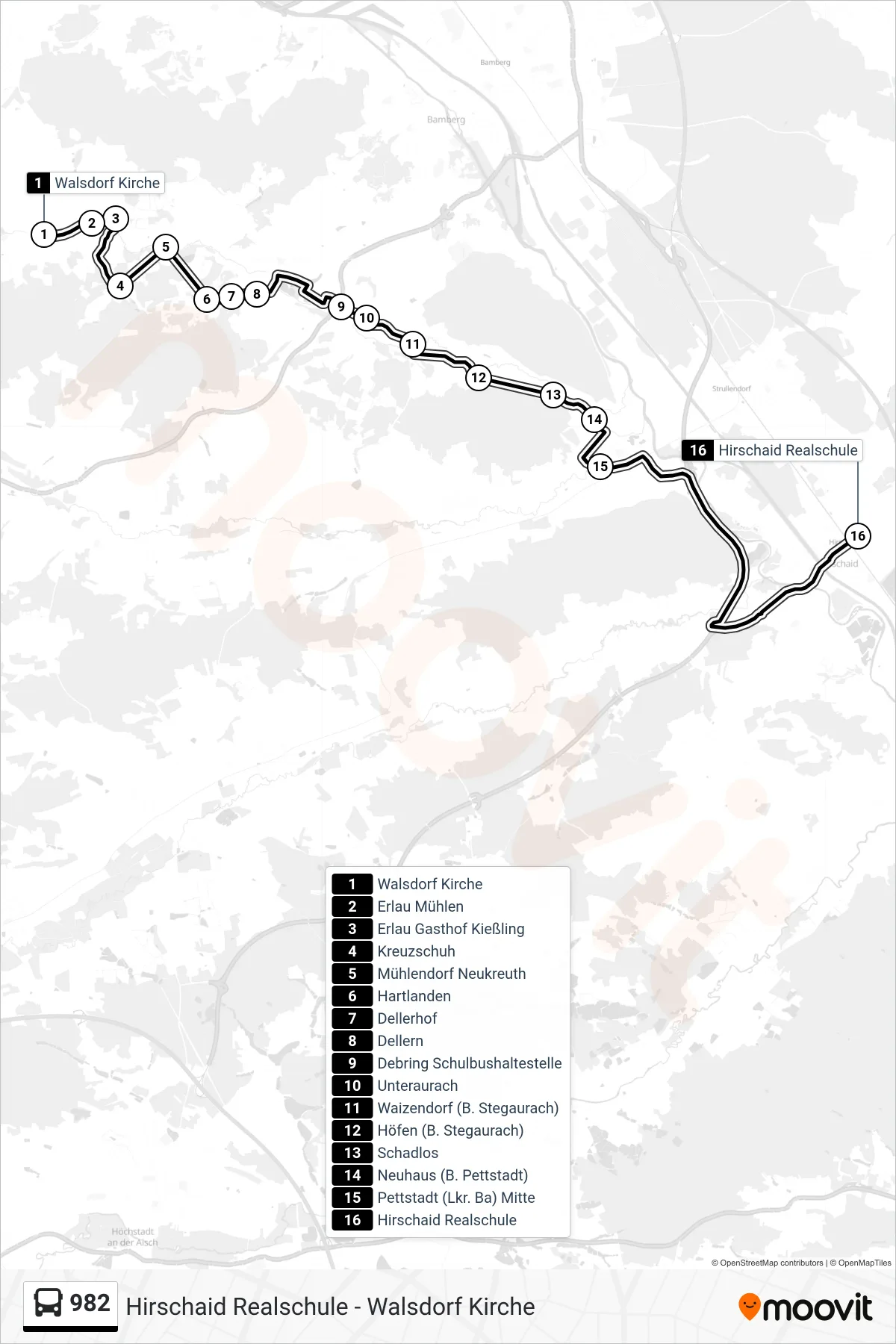 982 bus Line (Hirschaid Realschule 982) route and stops on a map