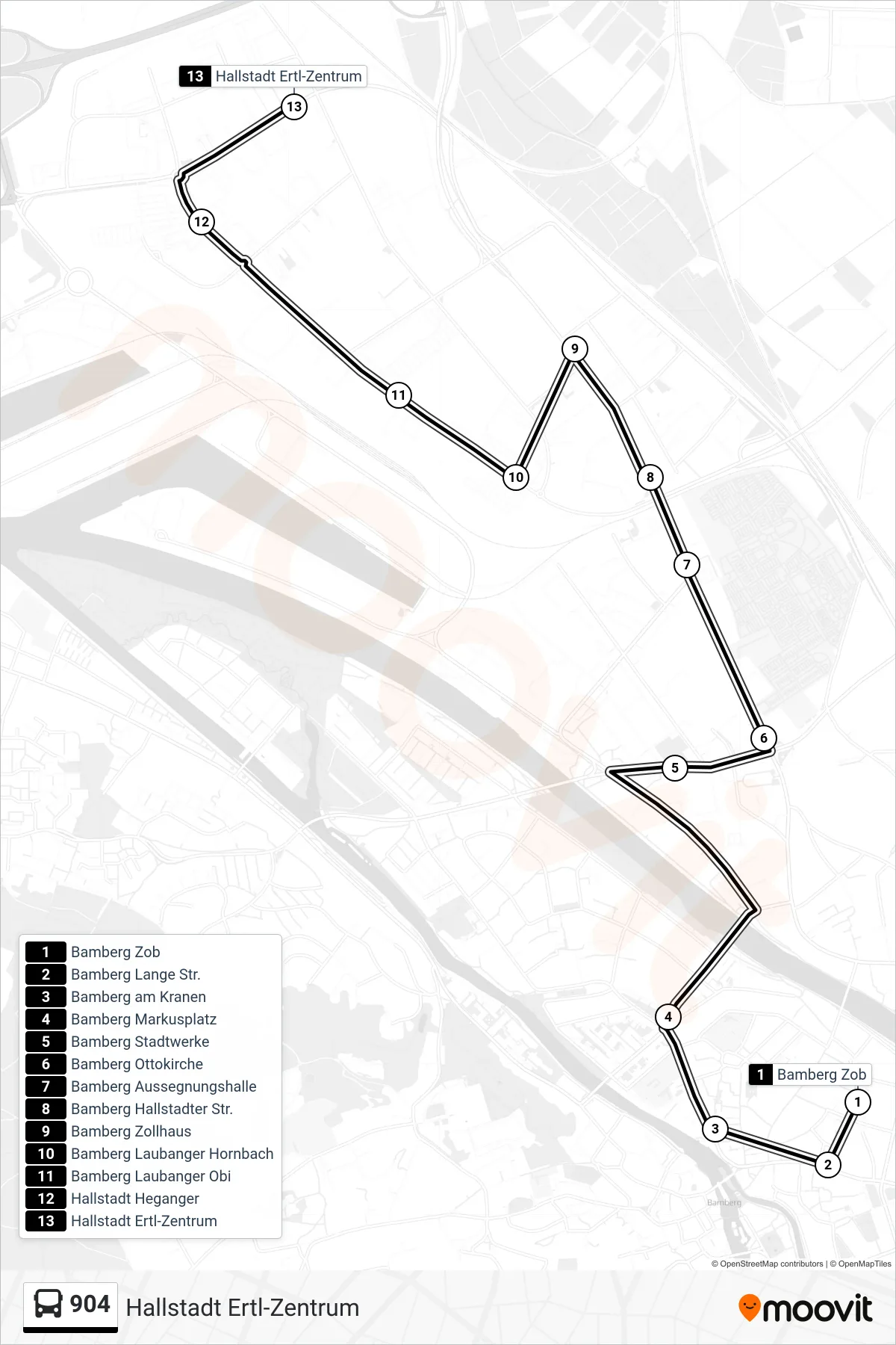 904 bus Line (Hallstadt Ertl-Zentrum) route and stops on a map