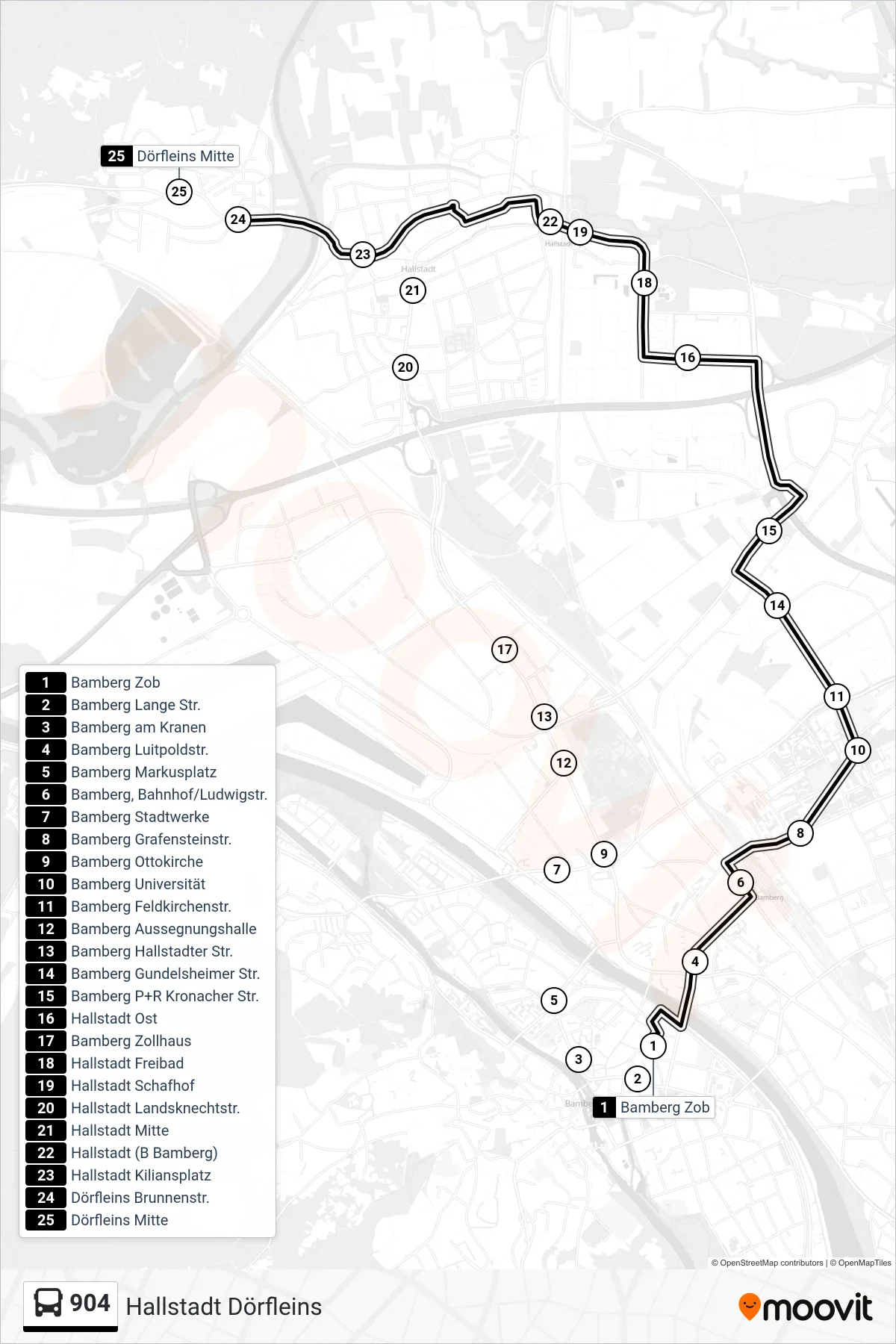 Linie 904 (Bus) Richtung Hallstadt Dörfleins: Route und Haltestellen auf der Karte