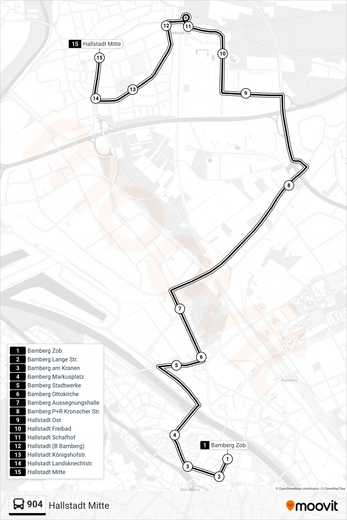 904 bus Line (Hallstadt Mitte) route and stops on a map