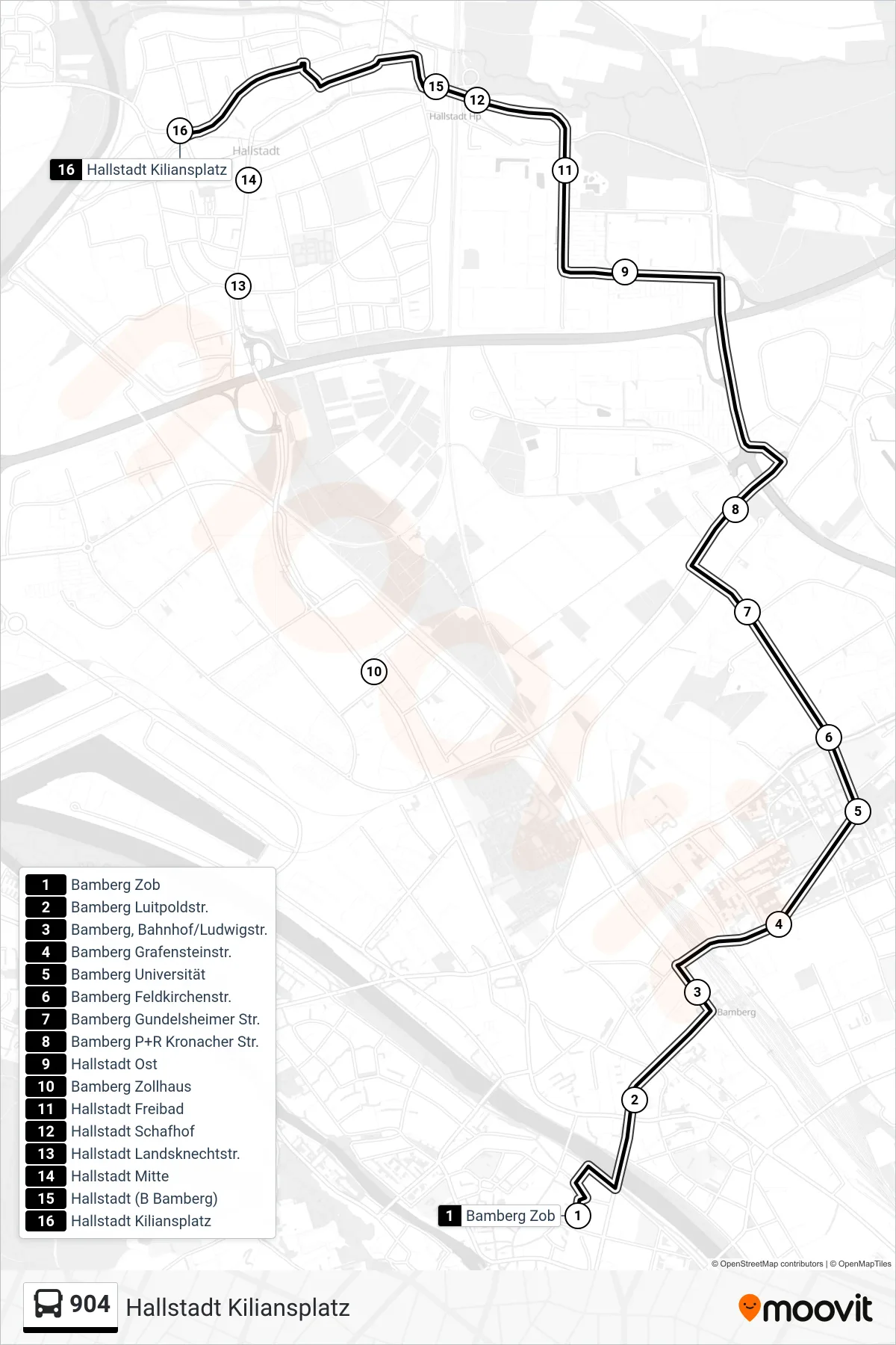 904 bus Line (Hallstadt Kiliansplatz) route and stops on a map