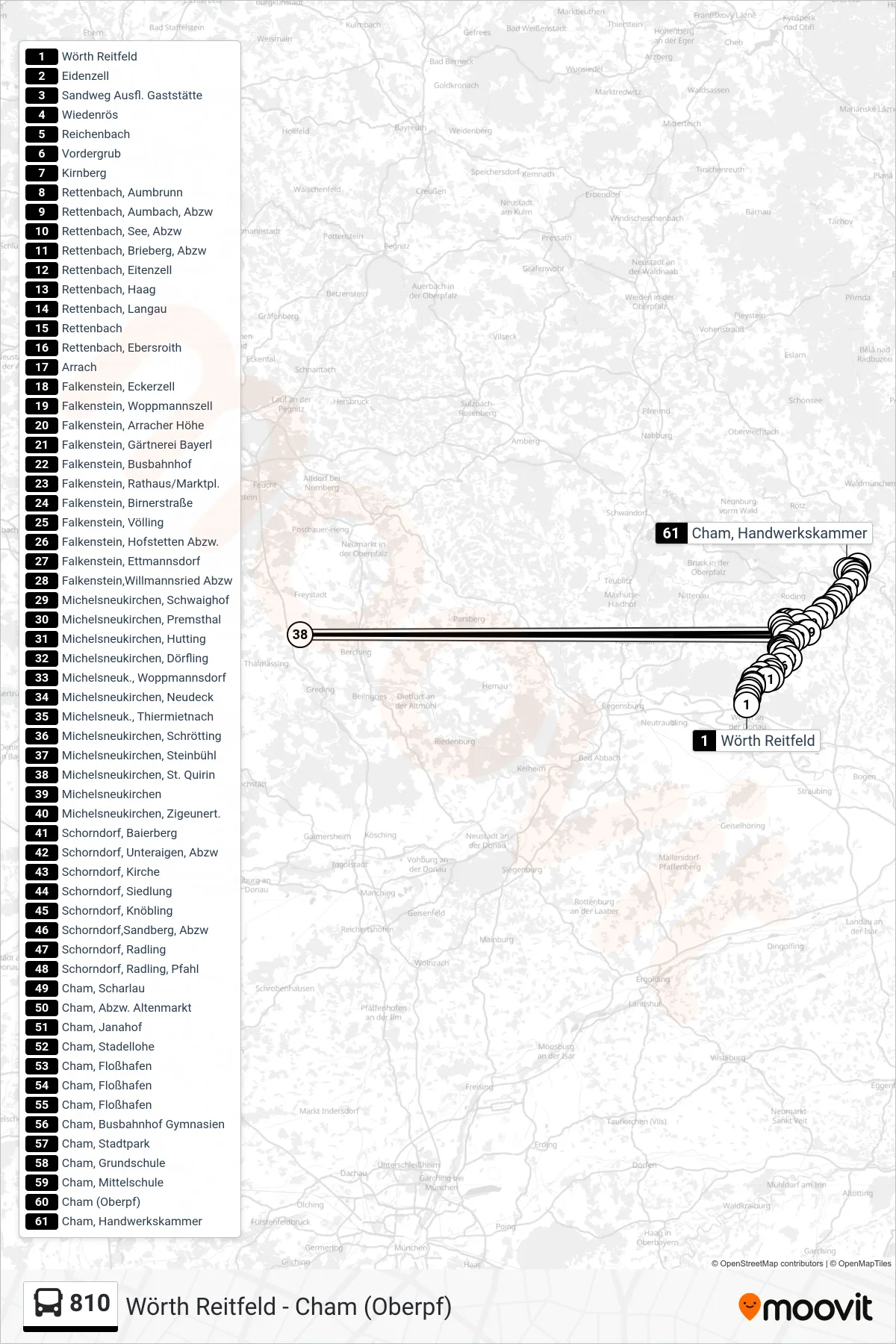 810 bus Line (Cham) route and stops on a map