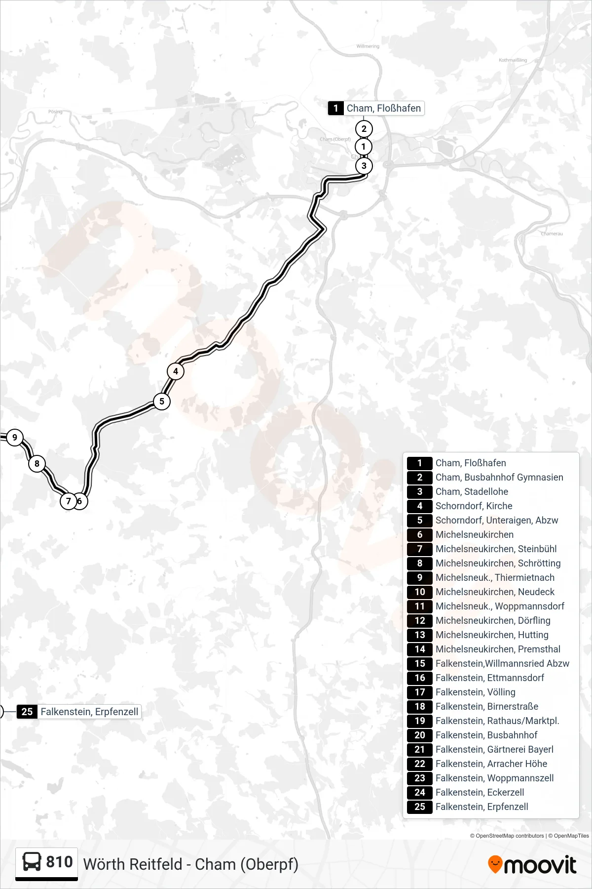 810 bus Line (Erpfenzell) route and stops on a map