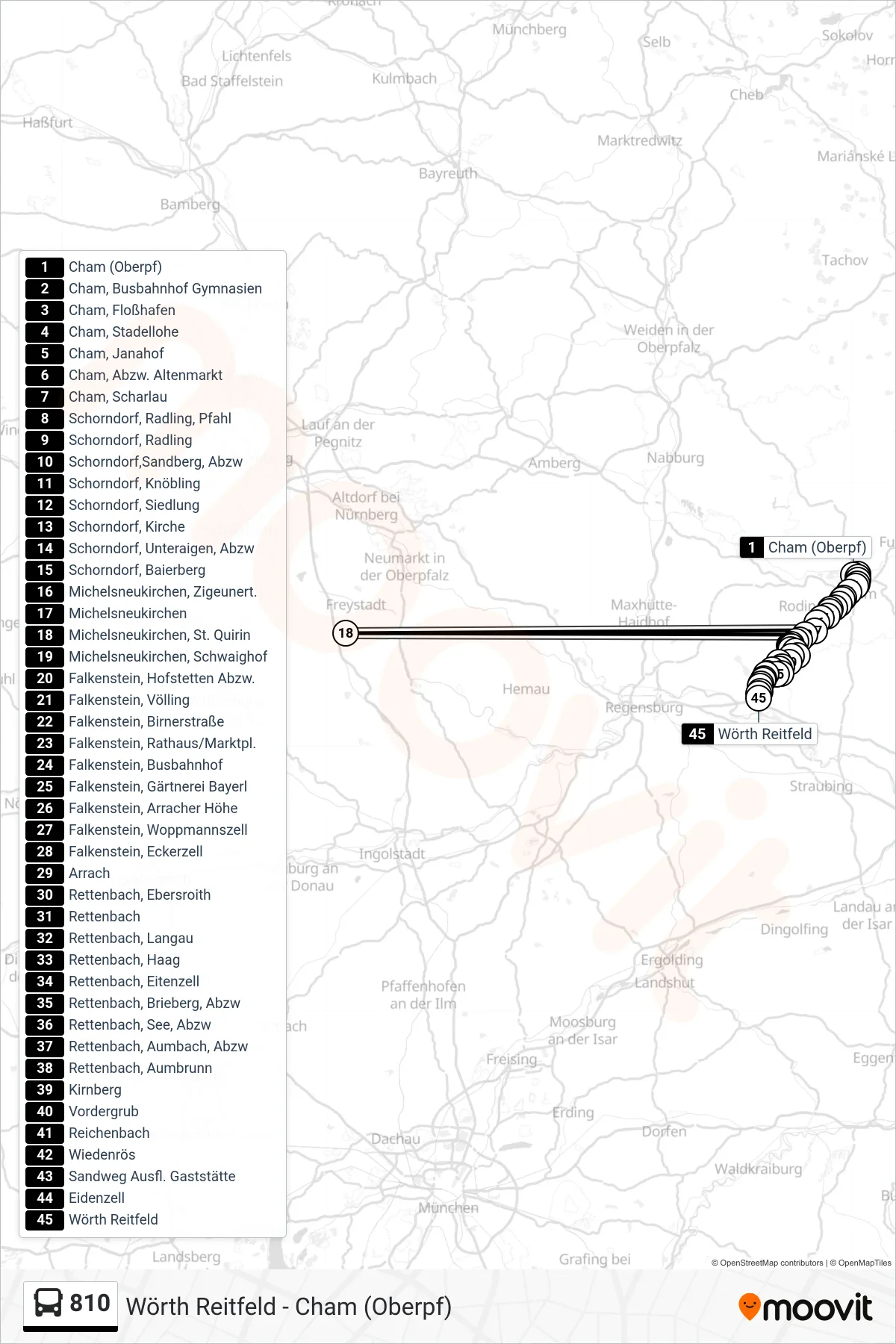 810 bus Line (Wörth (Donau)) route and stops on a map