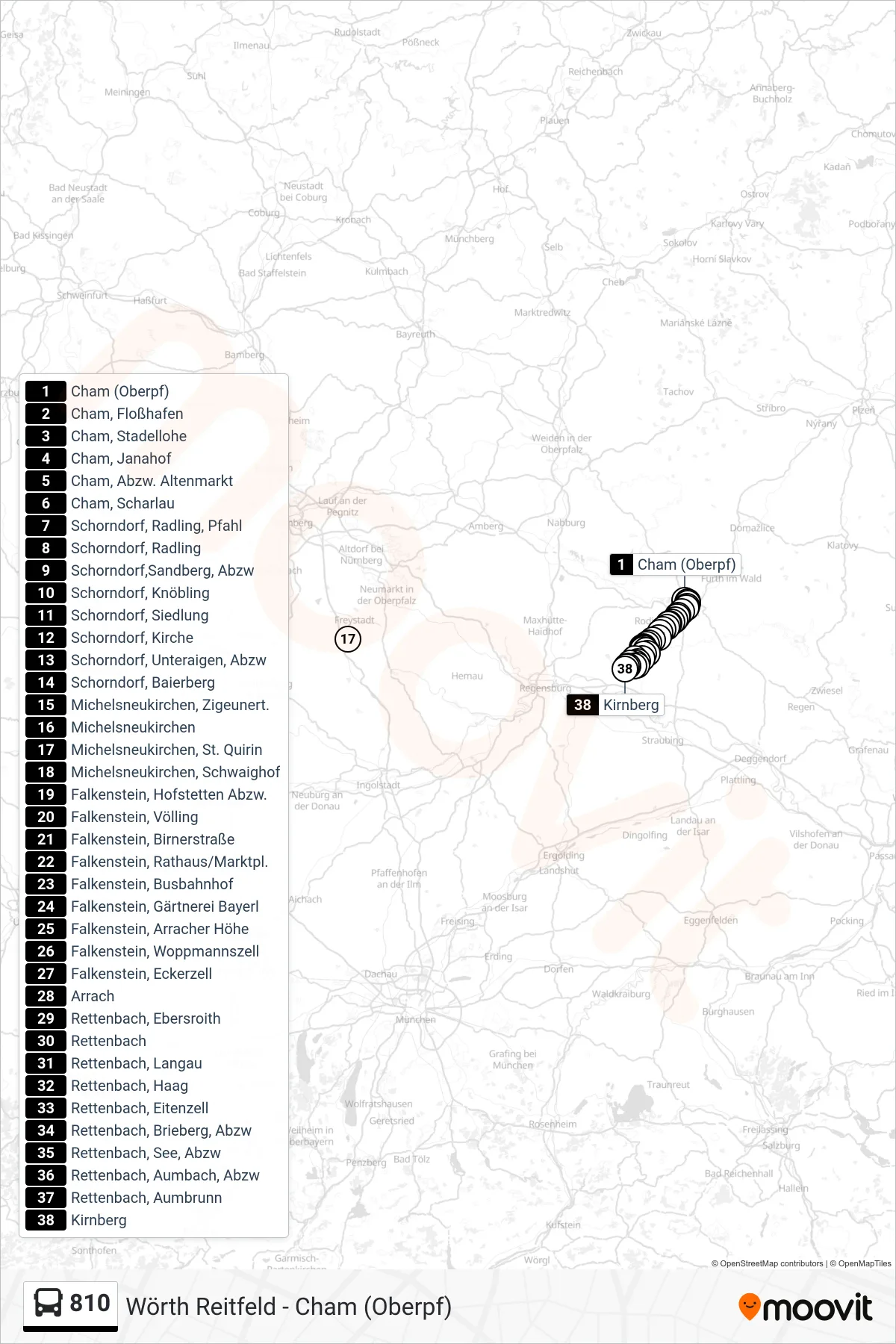 810 bus Line (Regensburg; Hbf/Albertstraße) route and stops on a map